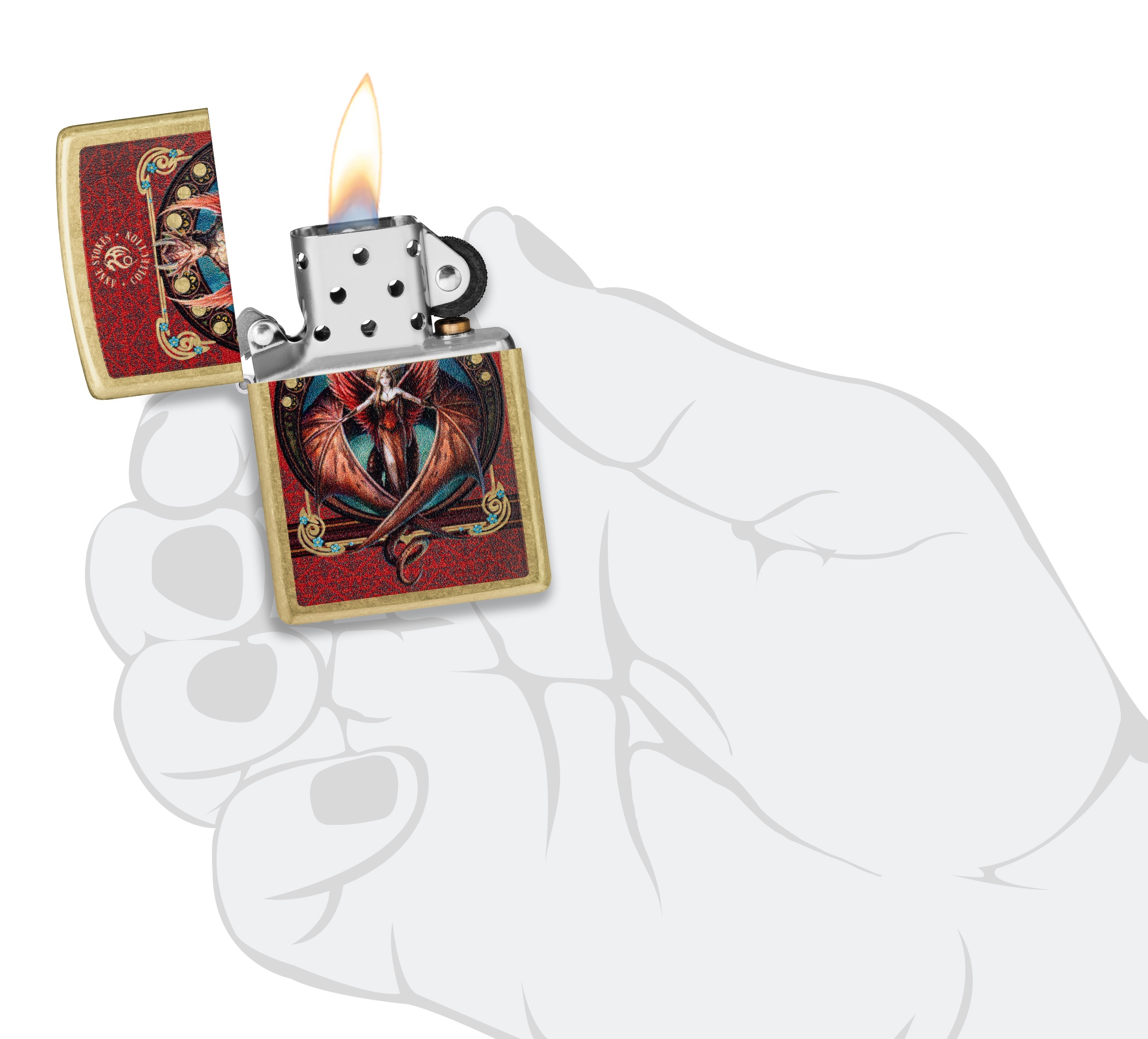 Front shot of Zippo Bejeweled Beetle Design High Polish Brass Windproof Lighter standing at a 3/4 angle.