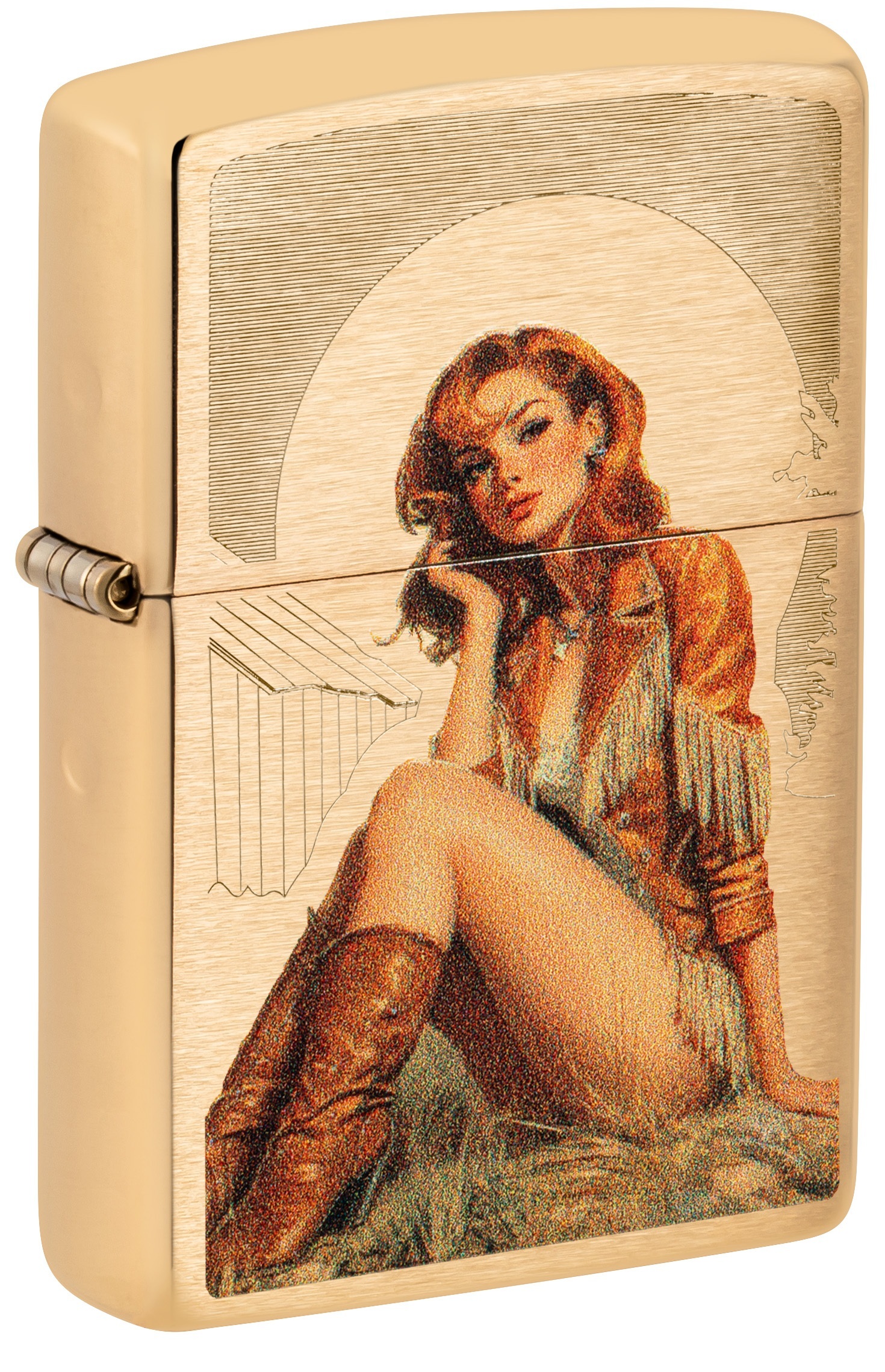 Front shot of Zippo Bejeweled Beetle Design High Polish Brass Windproof Lighter standing at a 3/4 angle.