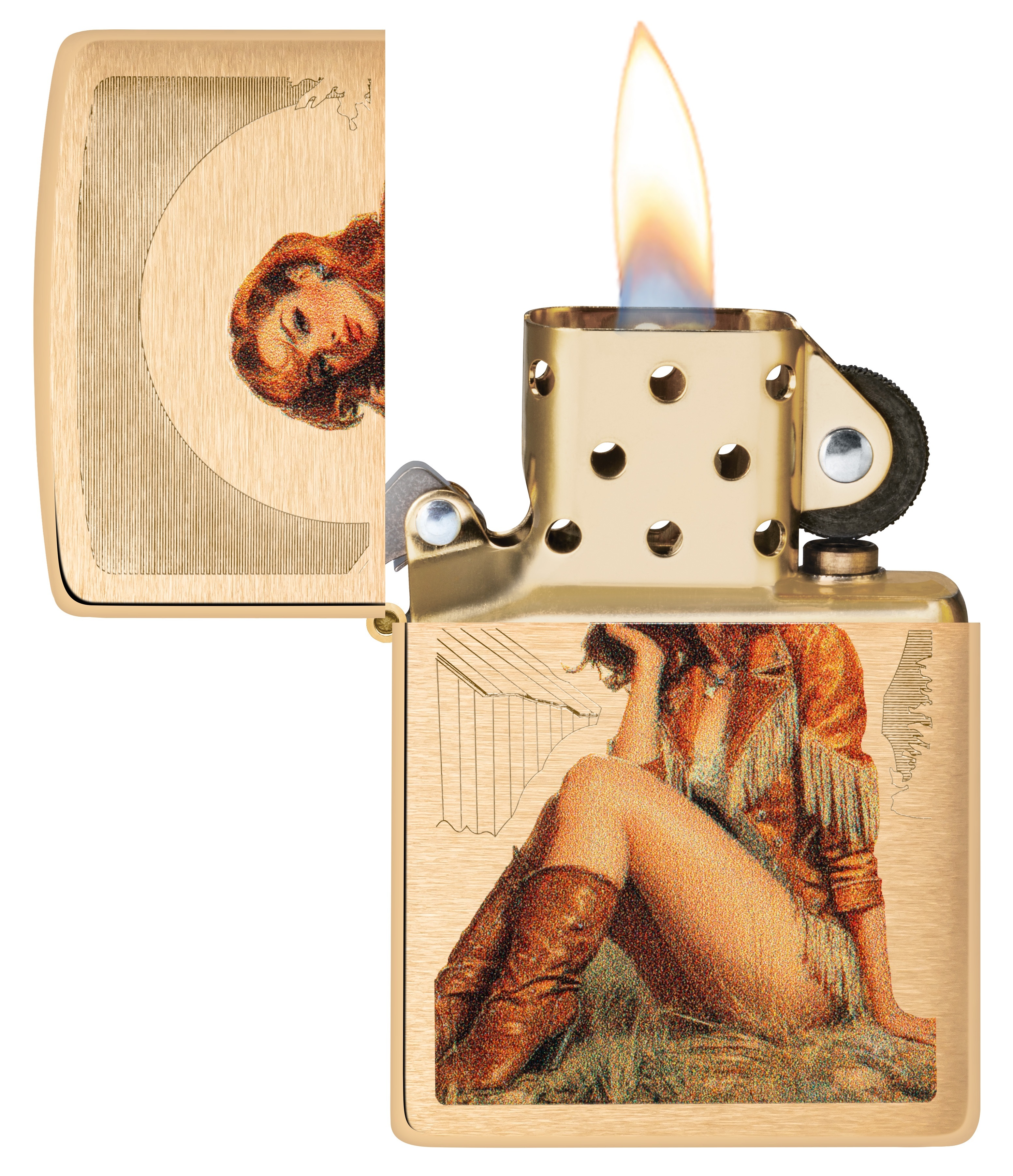 Front shot of Zippo Bejeweled Beetle Design High Polish Brass Windproof Lighter standing at a 3/4 angle.