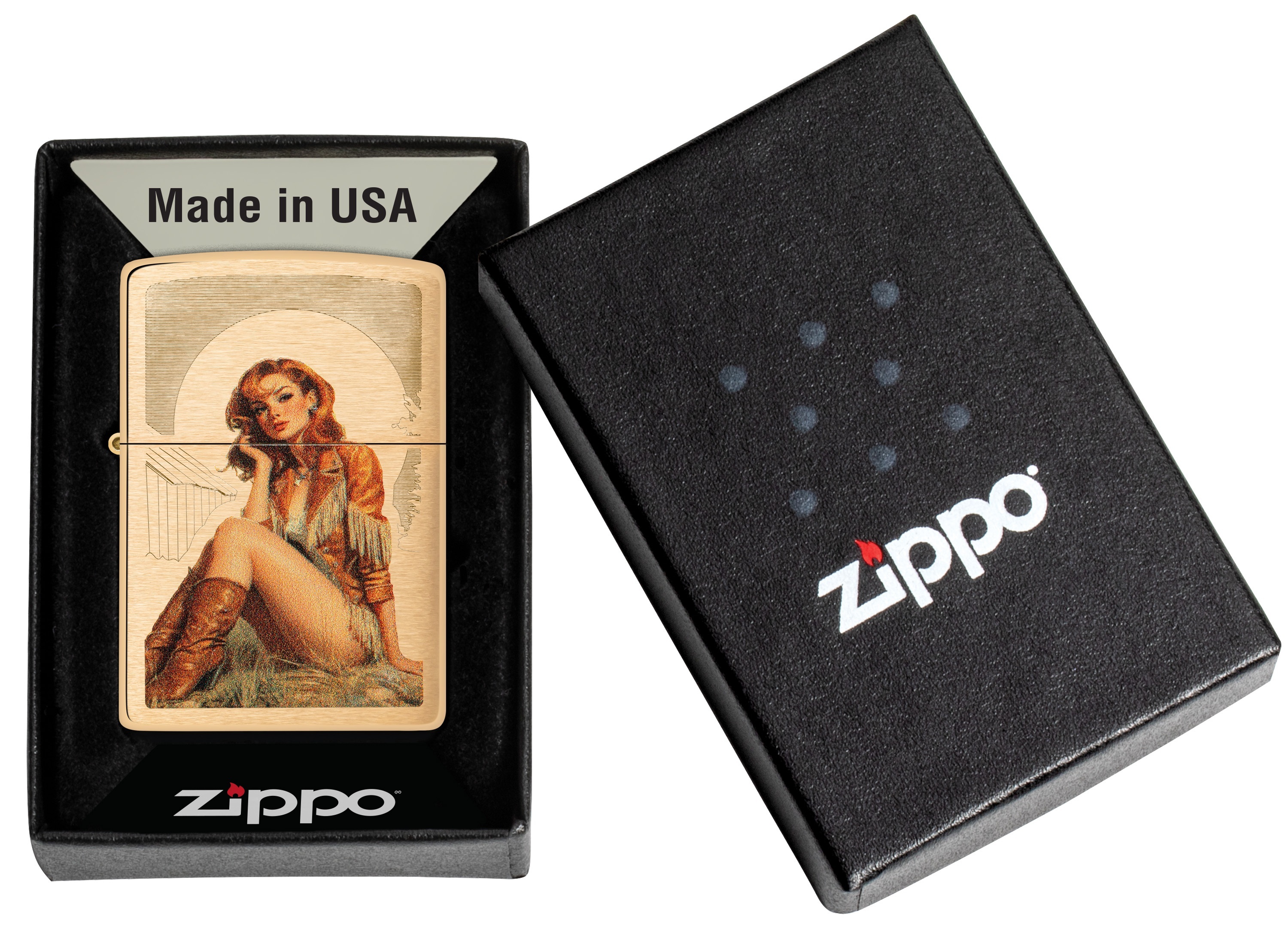 Front shot of Zippo Bejeweled Beetle Design High Polish Brass Windproof Lighter standing at a 3/4 angle.