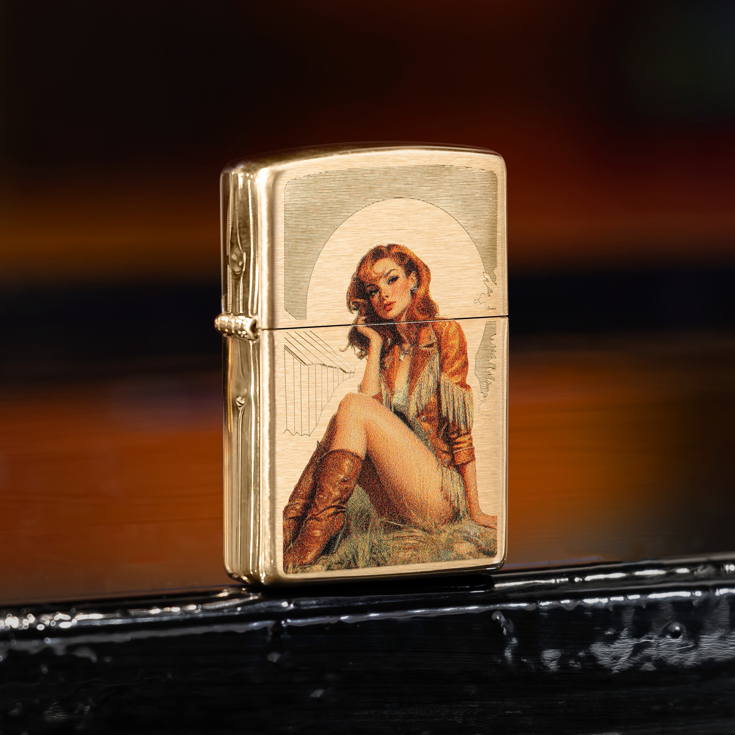 Front shot of Zippo Bejeweled Beetle Design High Polish Brass Windproof Lighter standing at a 3/4 angle.