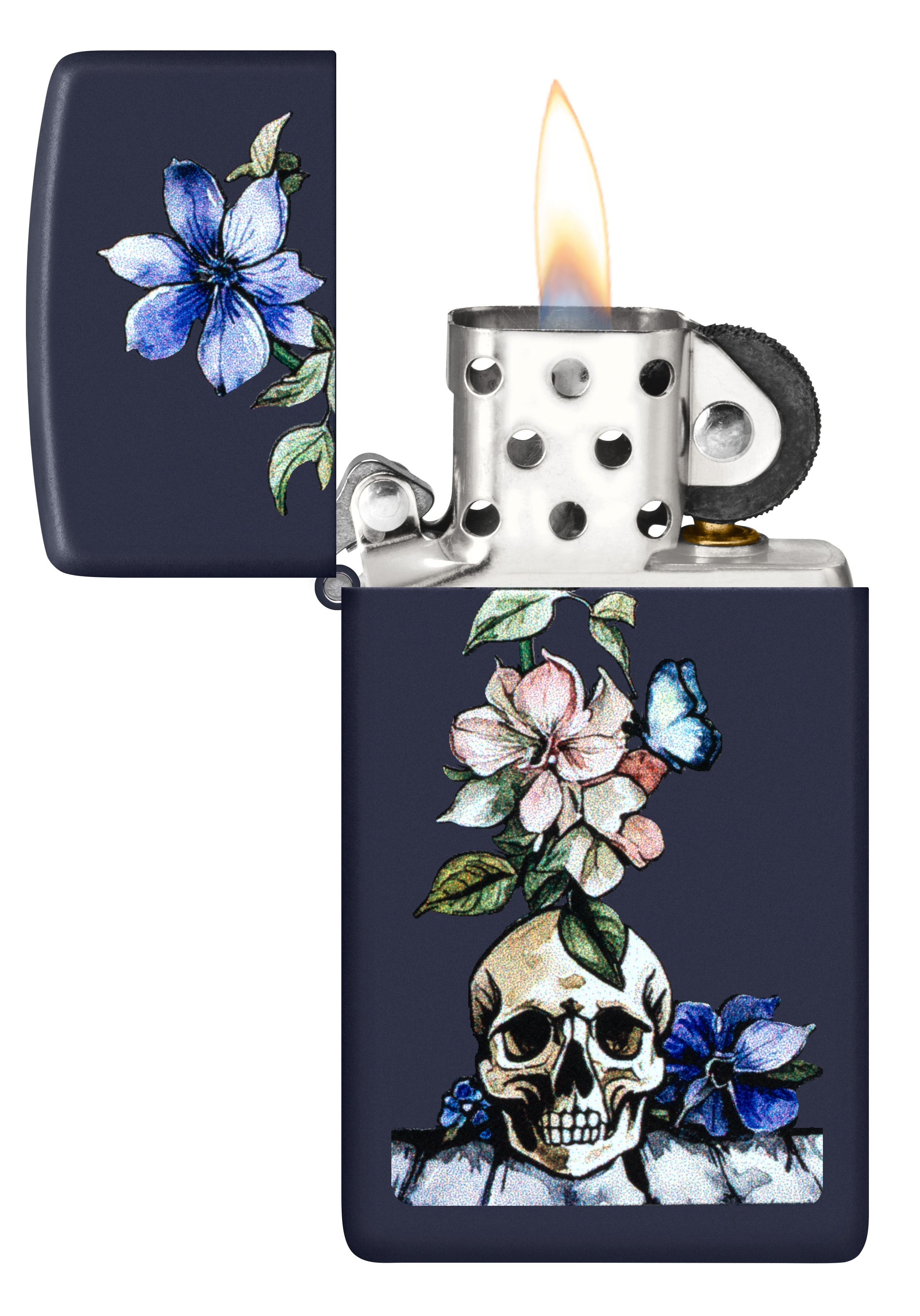 Front shot of Zippo Bejeweled Beetle Design High Polish Brass Windproof Lighter standing at a 3/4 angle.