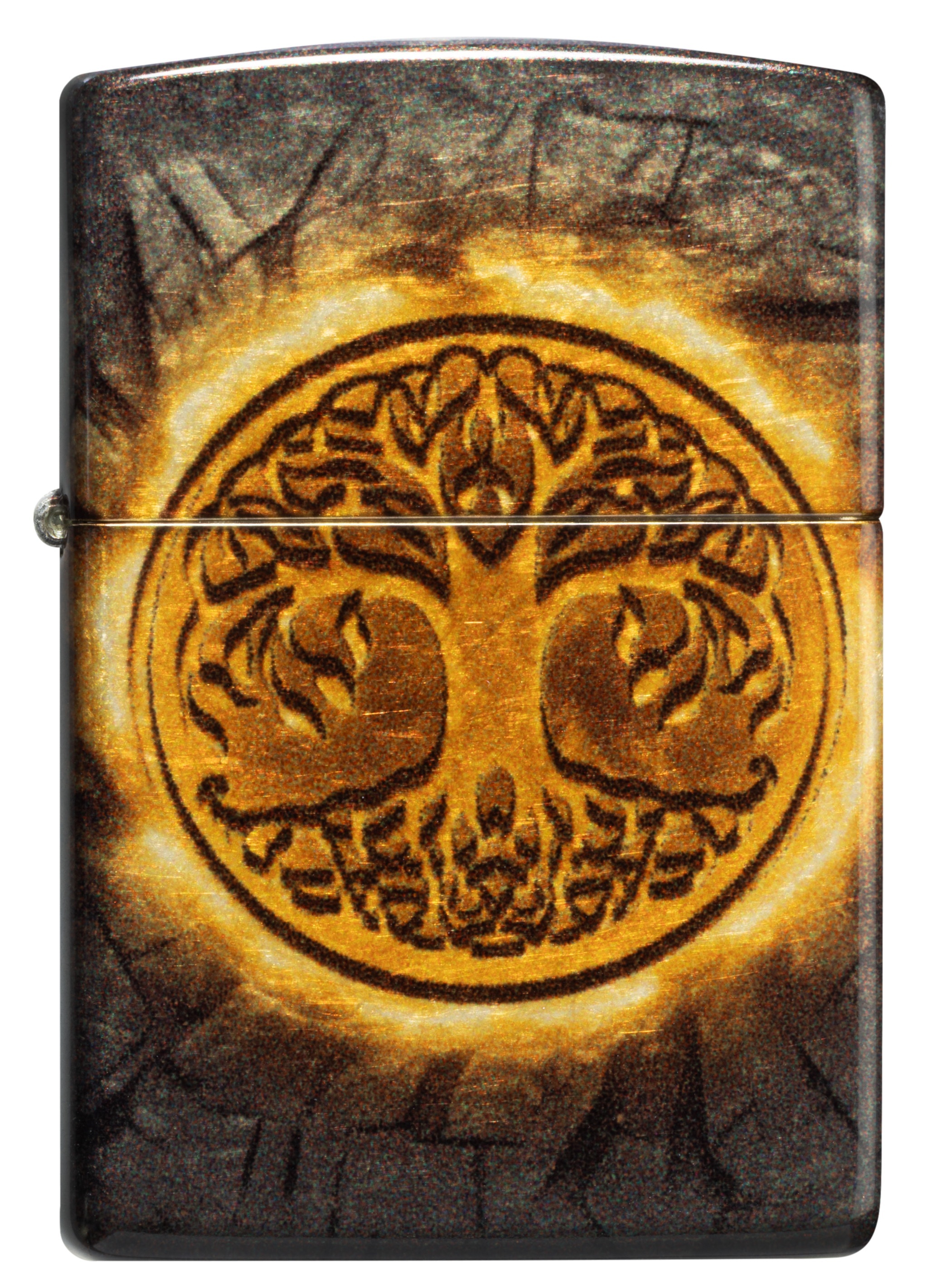 Front shot of Zippo Bejeweled Beetle Design High Polish Brass Windproof Lighter standing at a 3/4 angle.