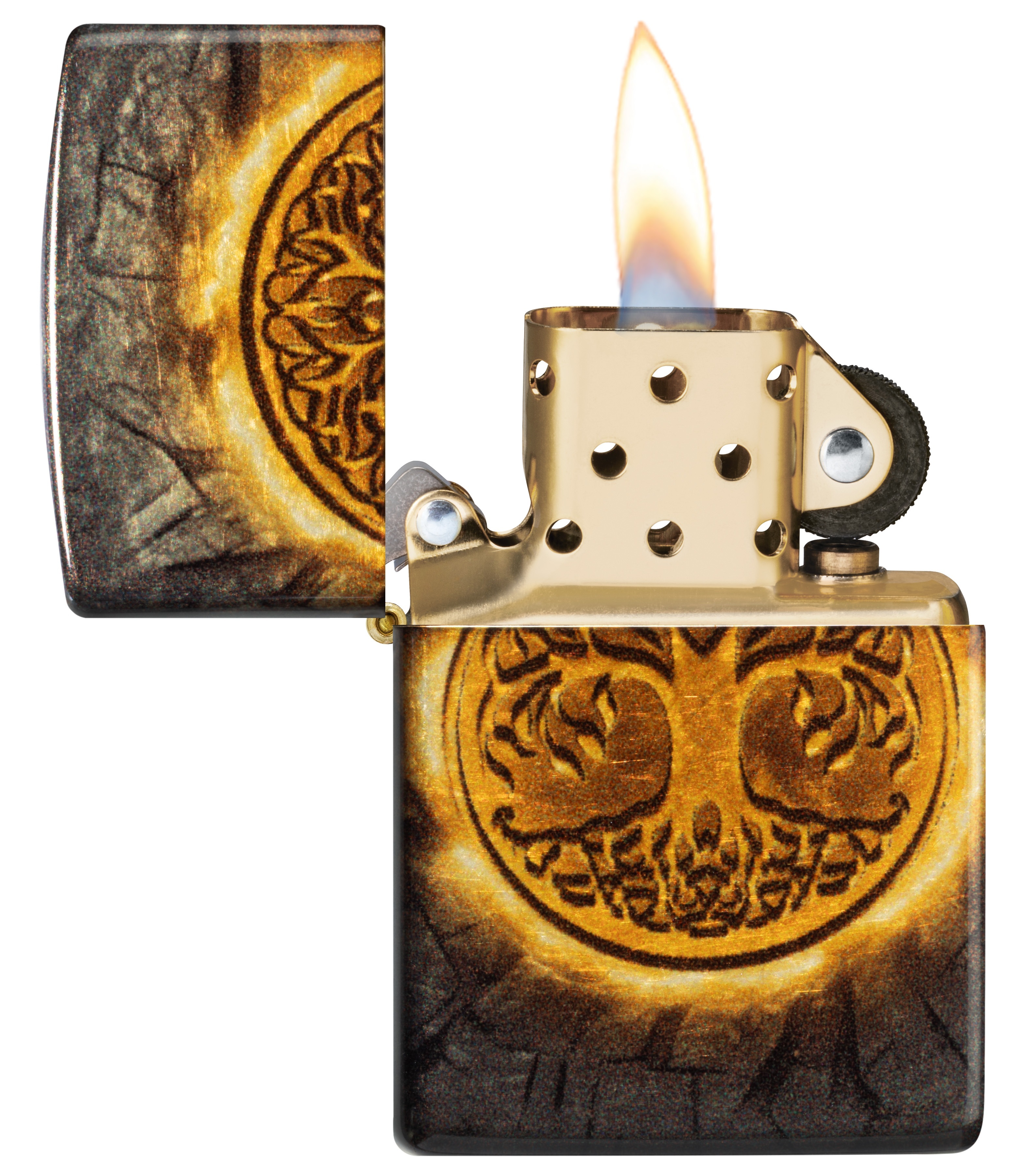 Front shot of Zippo Bejeweled Beetle Design High Polish Brass Windproof Lighter standing at a 3/4 angle.