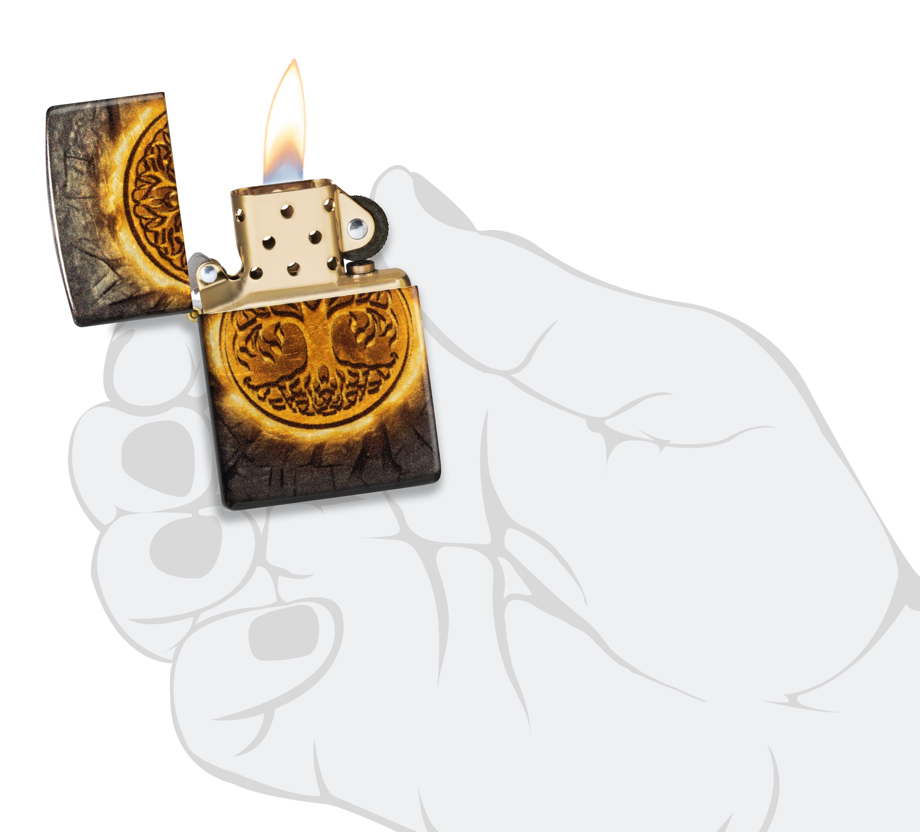 Front shot of Zippo Bejeweled Beetle Design High Polish Brass Windproof Lighter standing at a 3/4 angle.
