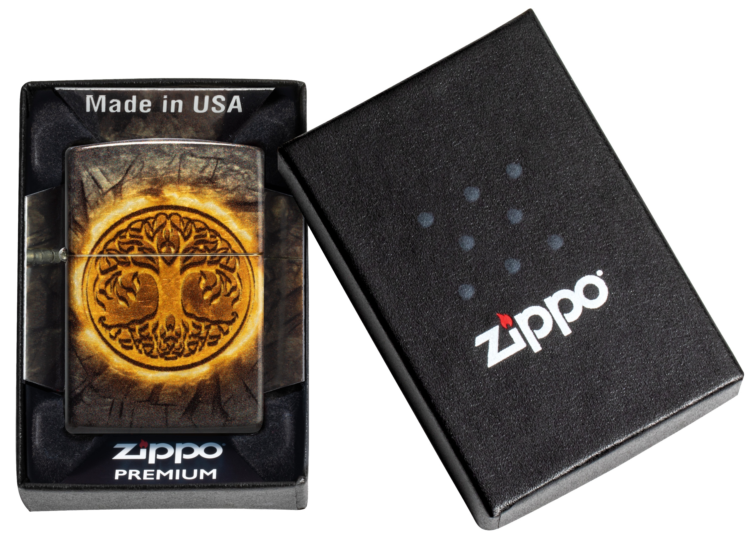 Front shot of Zippo Bejeweled Beetle Design High Polish Brass Windproof Lighter standing at a 3/4 angle.