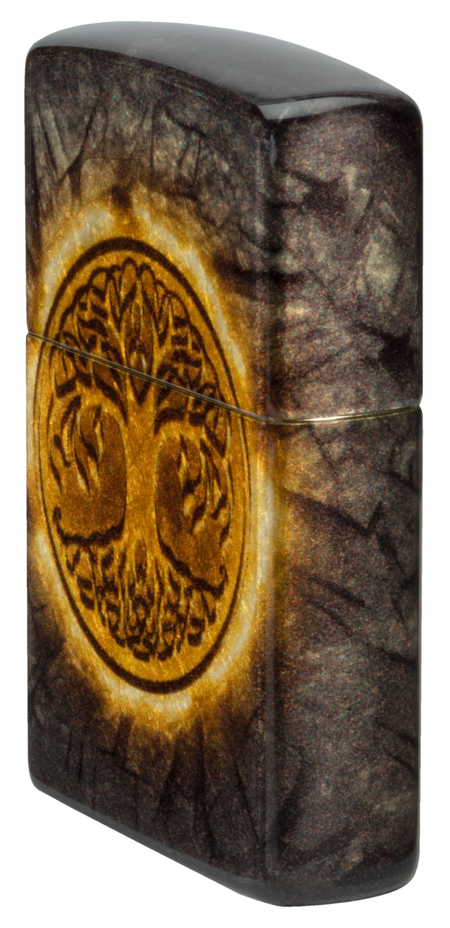 Front shot of Zippo Bejeweled Beetle Design High Polish Brass Windproof Lighter standing at a 3/4 angle.