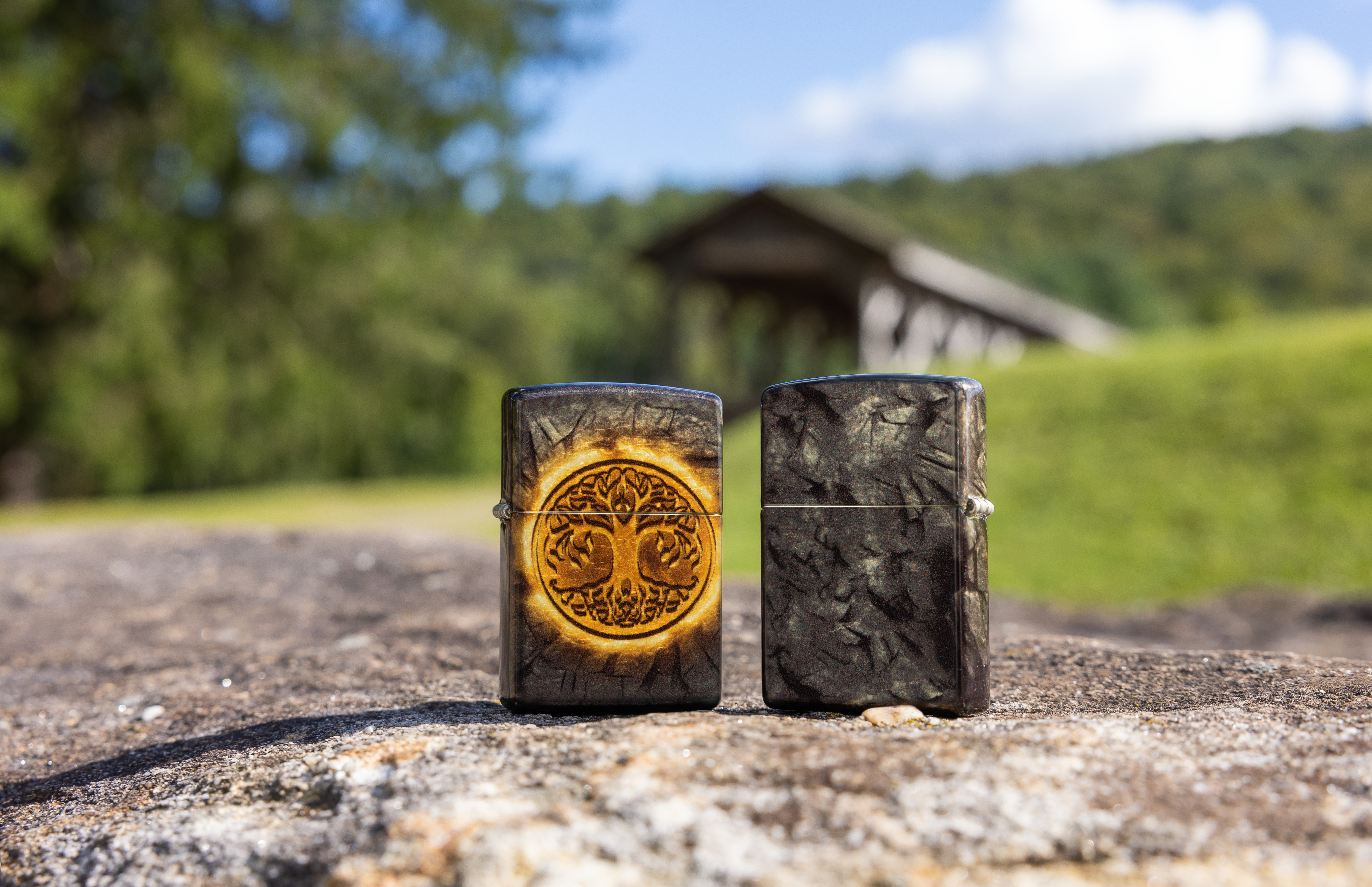 Front shot of Zippo Bejeweled Beetle Design High Polish Brass Windproof Lighter standing at a 3/4 angle.