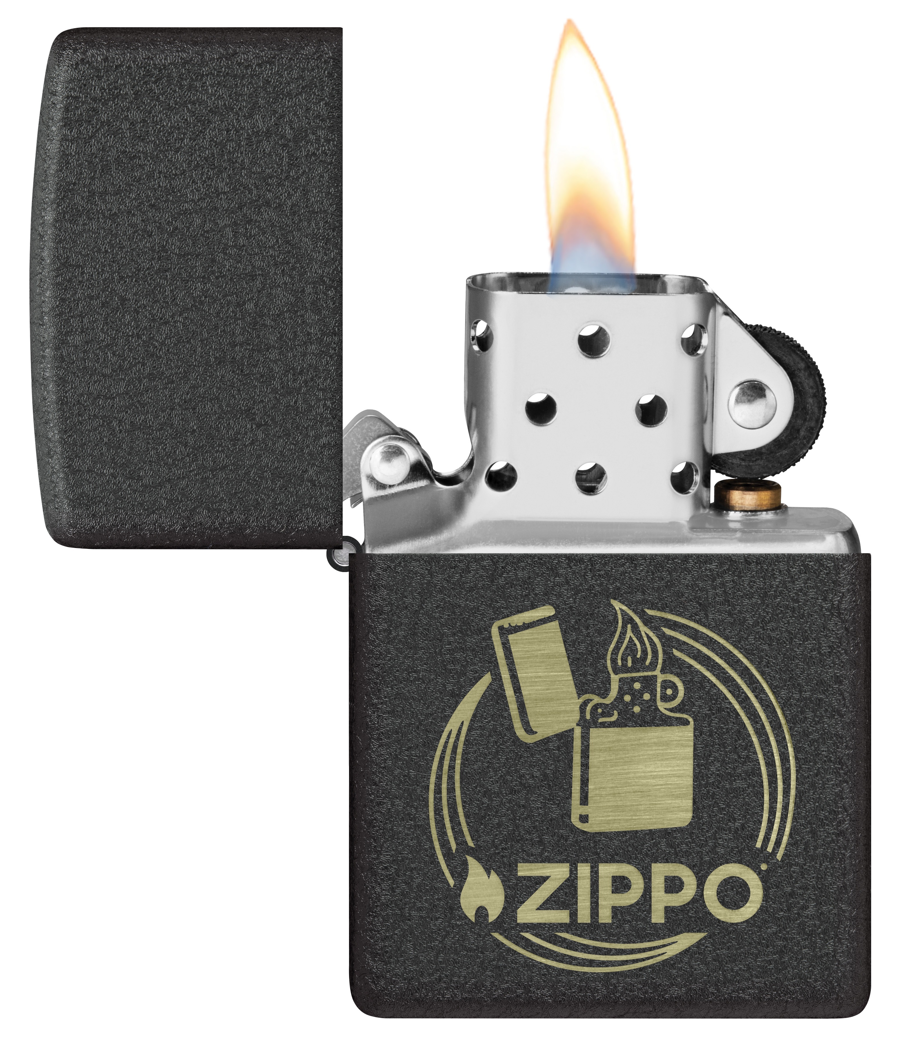 Front shot of Zippo Bejeweled Beetle Design High Polish Brass Windproof Lighter standing at a 3/4 angle.