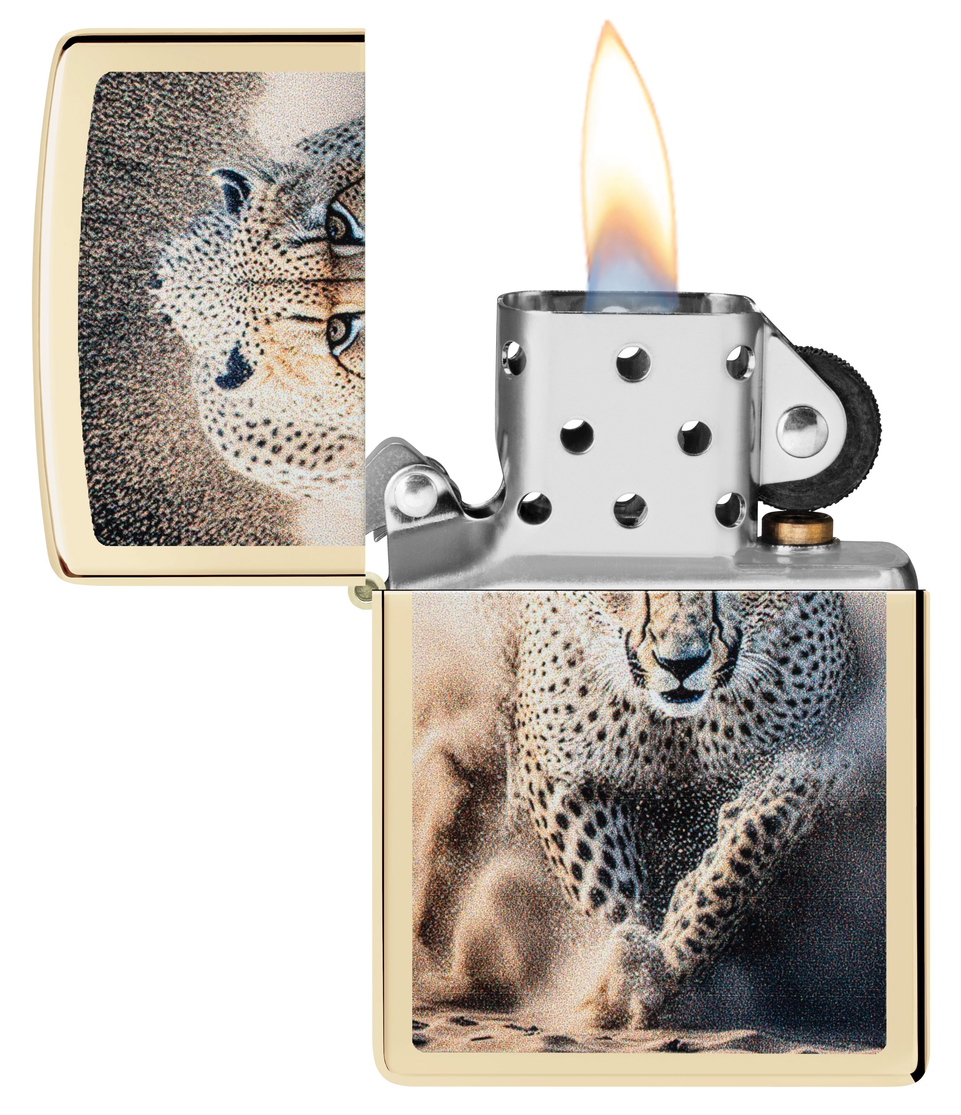 Front shot of Zippo Bejeweled Beetle Design High Polish Brass Windproof Lighter standing at a 3/4 angle.