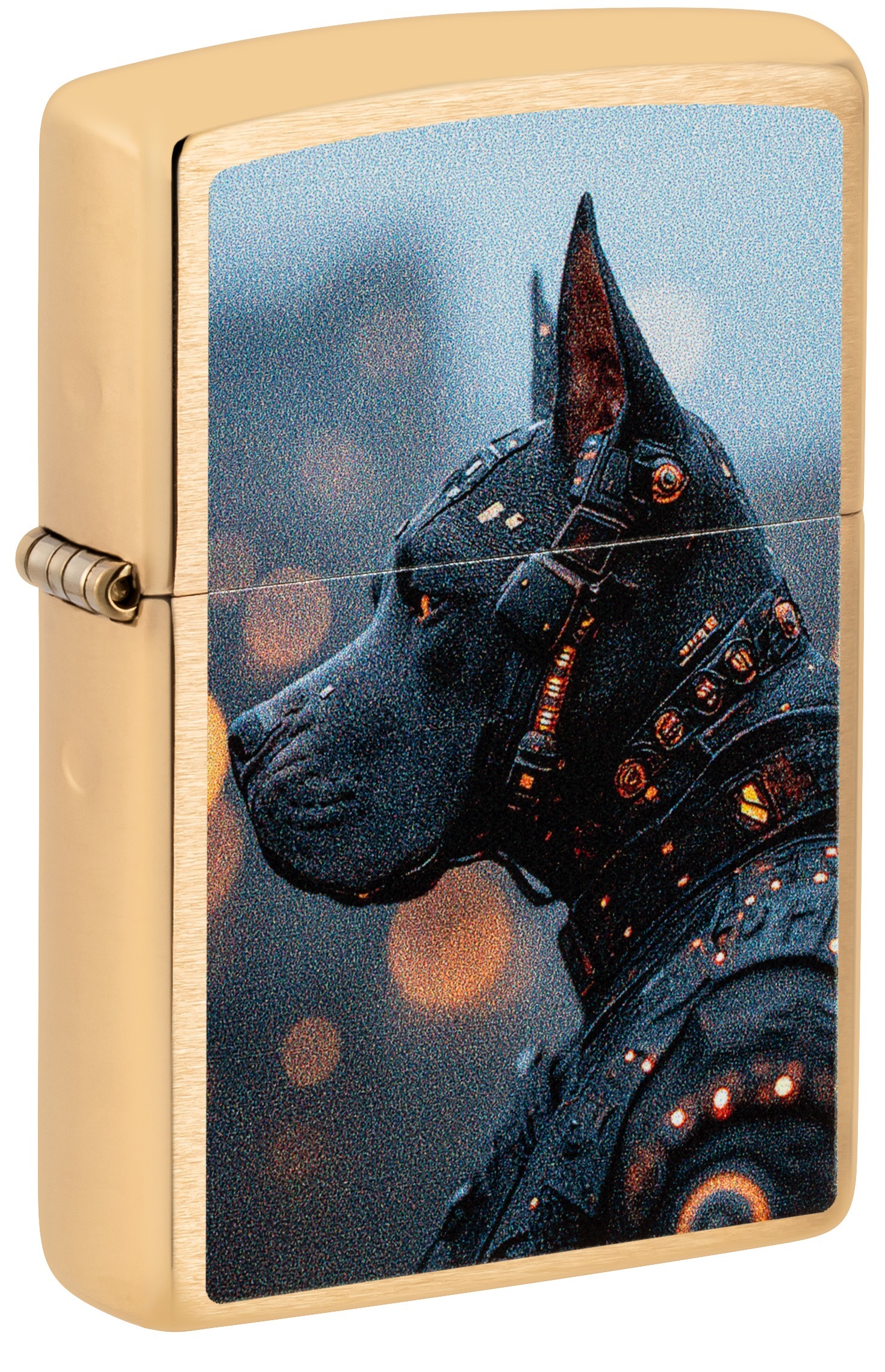 Front shot of Zippo Bejeweled Beetle Design High Polish Brass Windproof Lighter standing at a 3/4 angle.