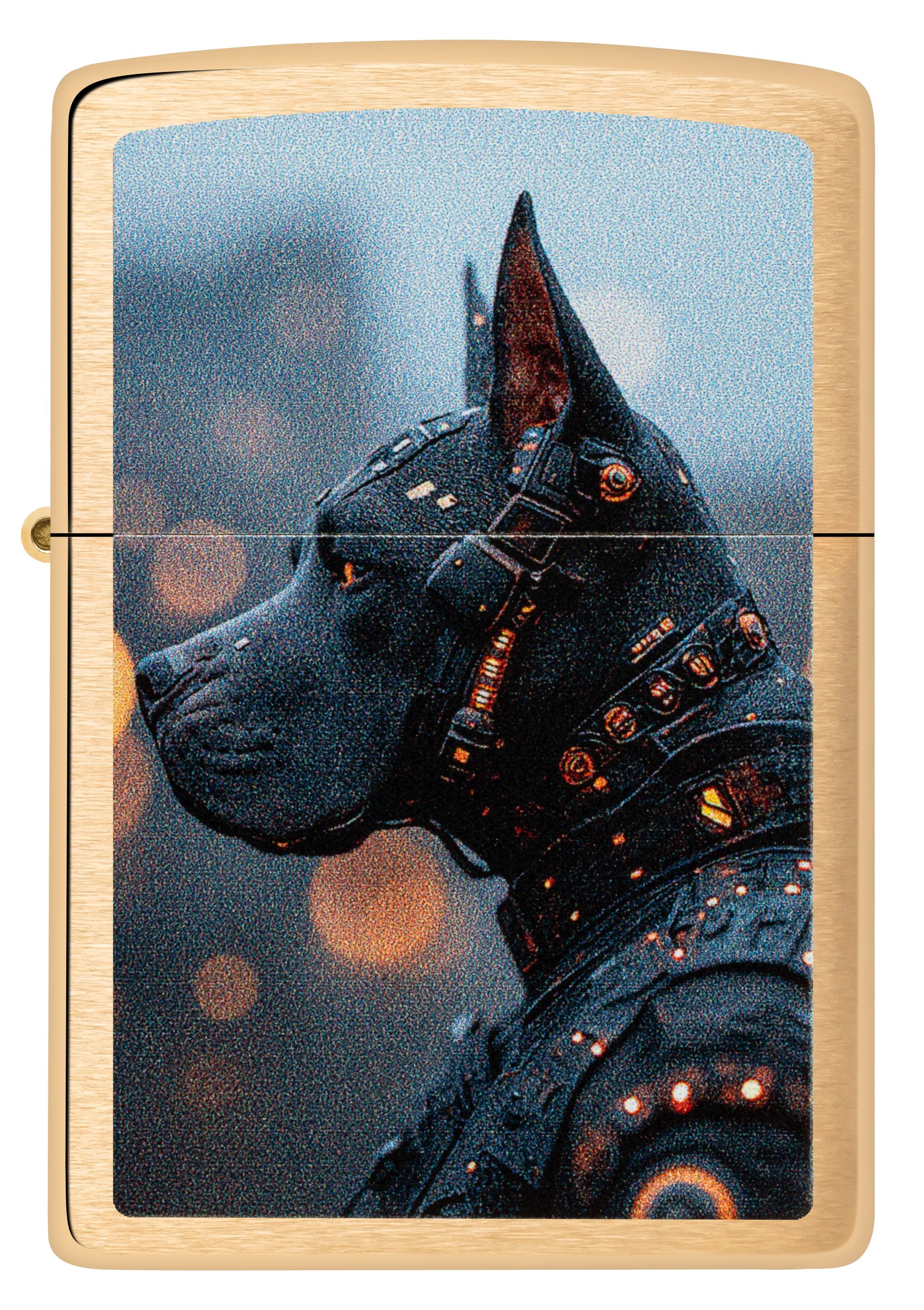 Front shot of Zippo Bejeweled Beetle Design High Polish Brass Windproof Lighter standing at a 3/4 angle.