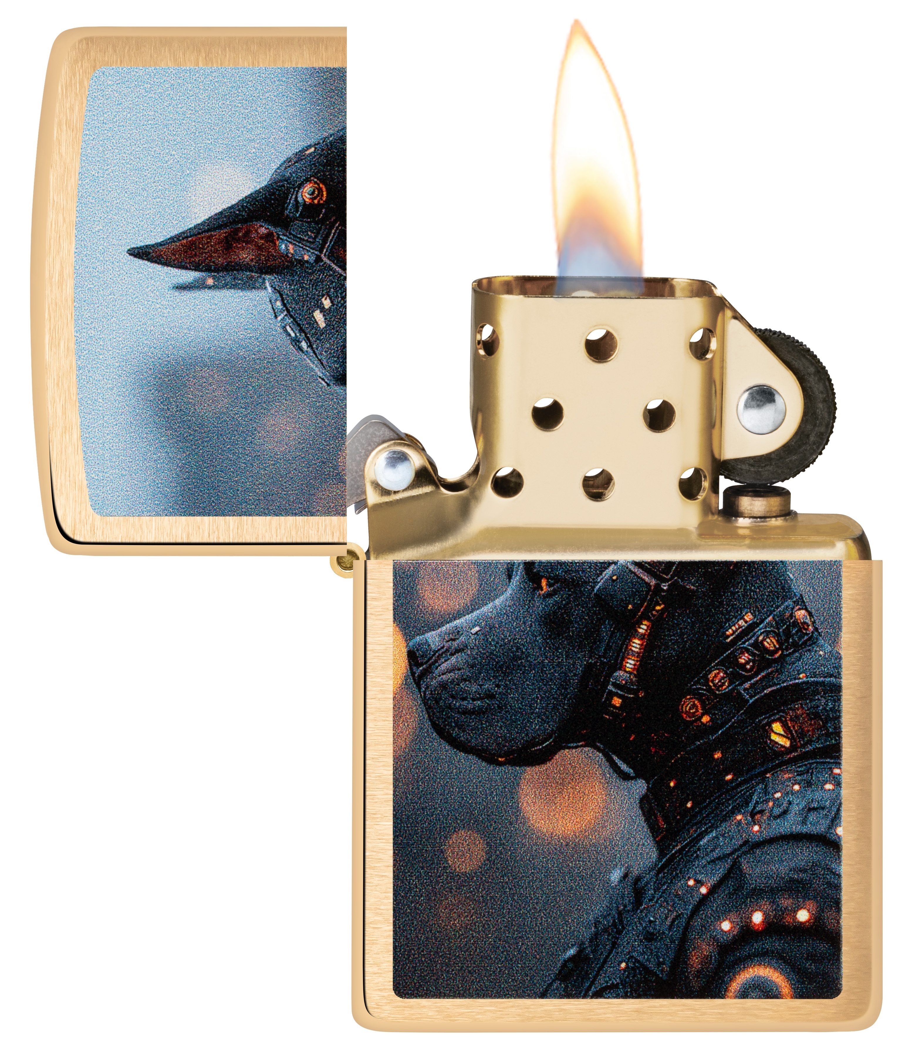 Front shot of Zippo Bejeweled Beetle Design High Polish Brass Windproof Lighter standing at a 3/4 angle.