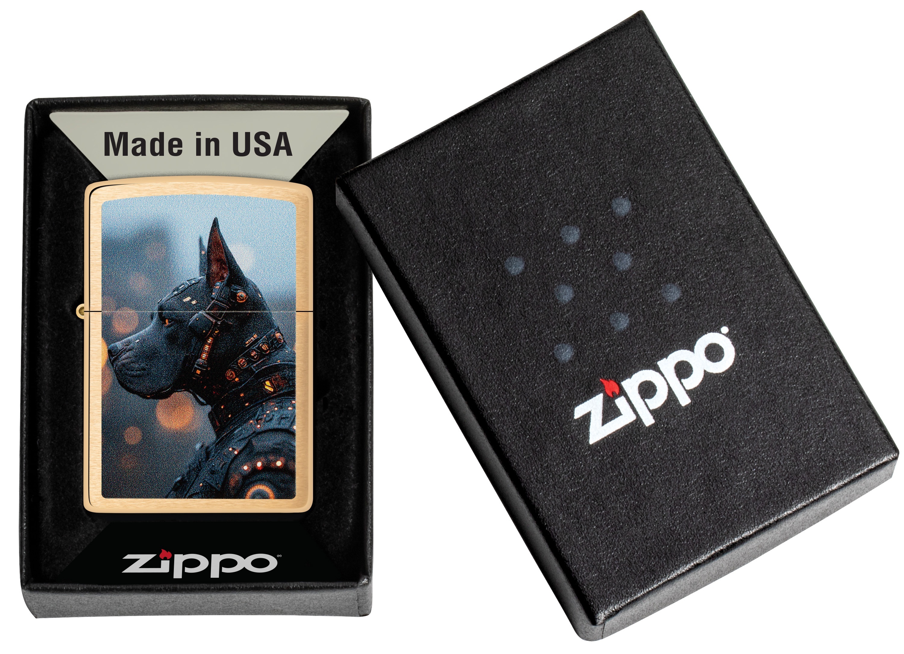 Front shot of Zippo Bejeweled Beetle Design High Polish Brass Windproof Lighter standing at a 3/4 angle.