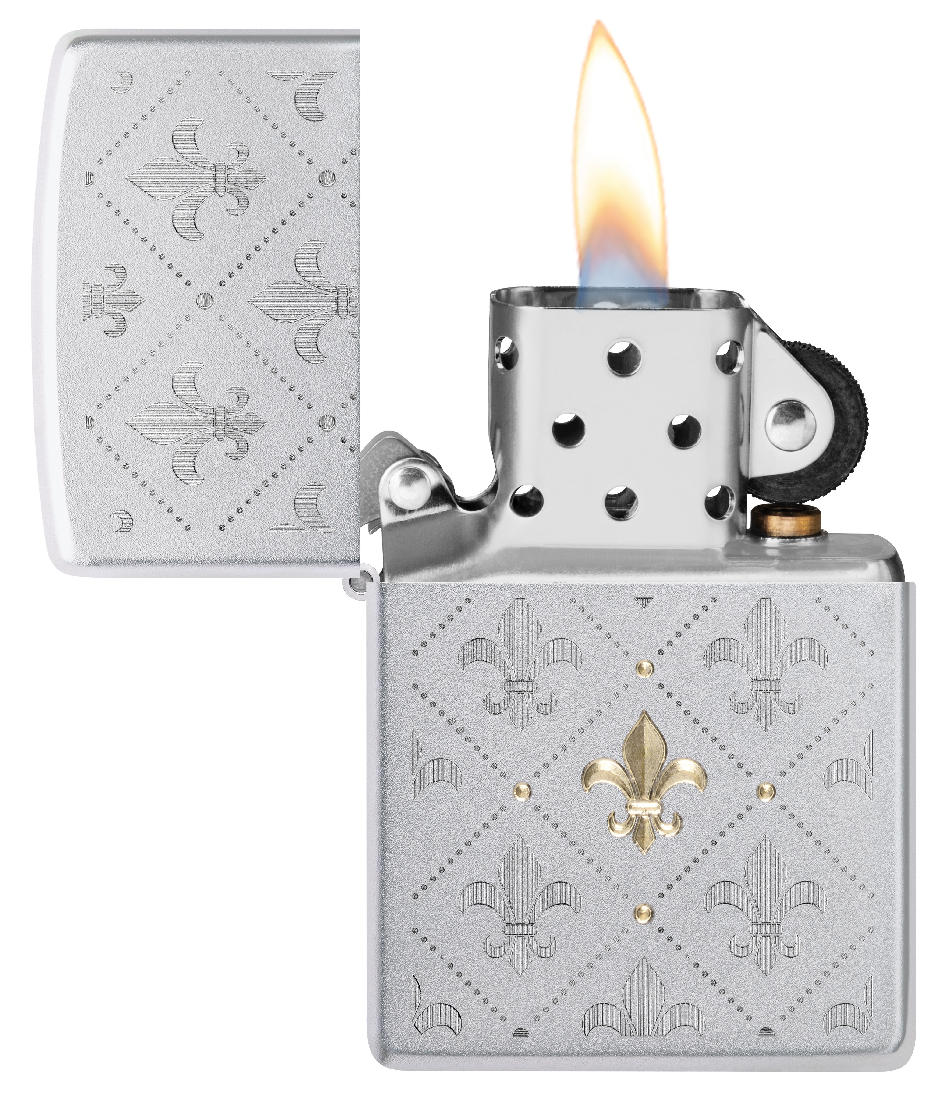 Front shot of Zippo Bejeweled Beetle Design High Polish Brass Windproof Lighter standing at a 3/4 angle.