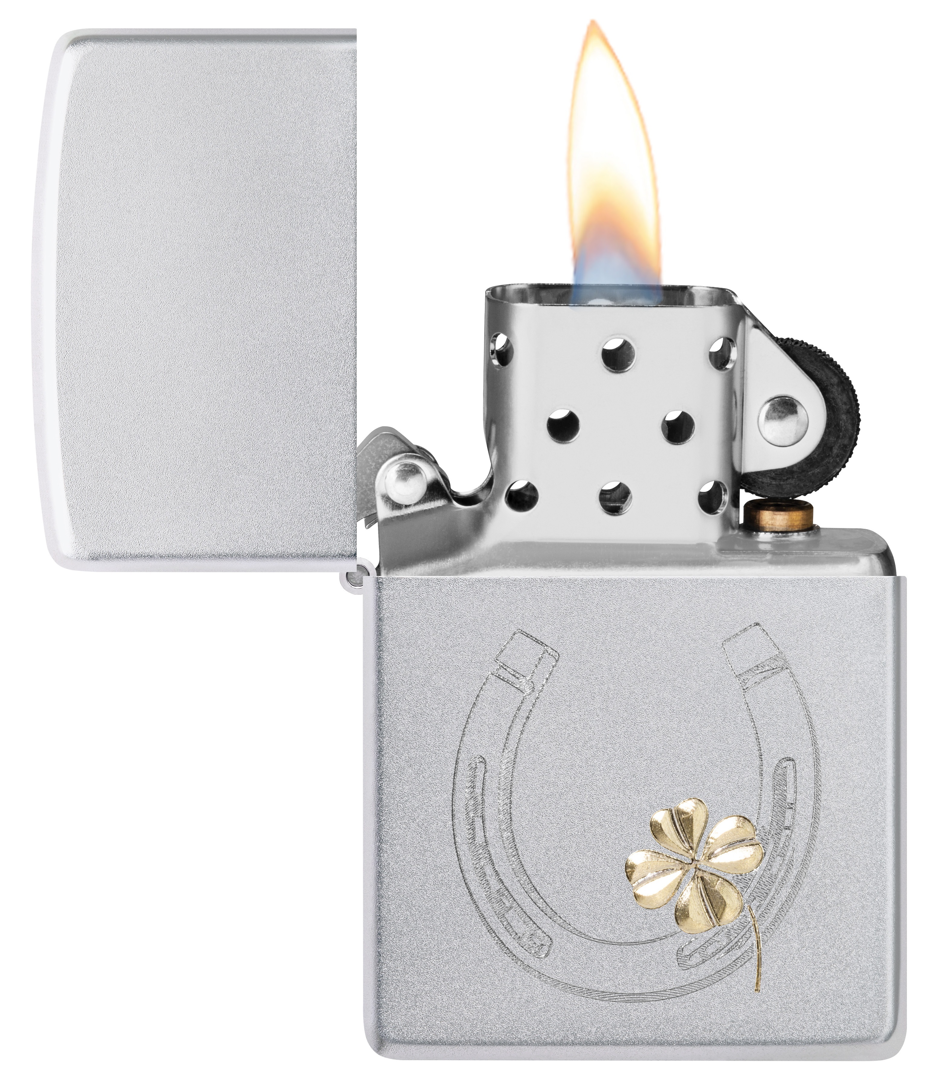 Front shot of Zippo Bejeweled Beetle Design High Polish Brass Windproof Lighter standing at a 3/4 angle.