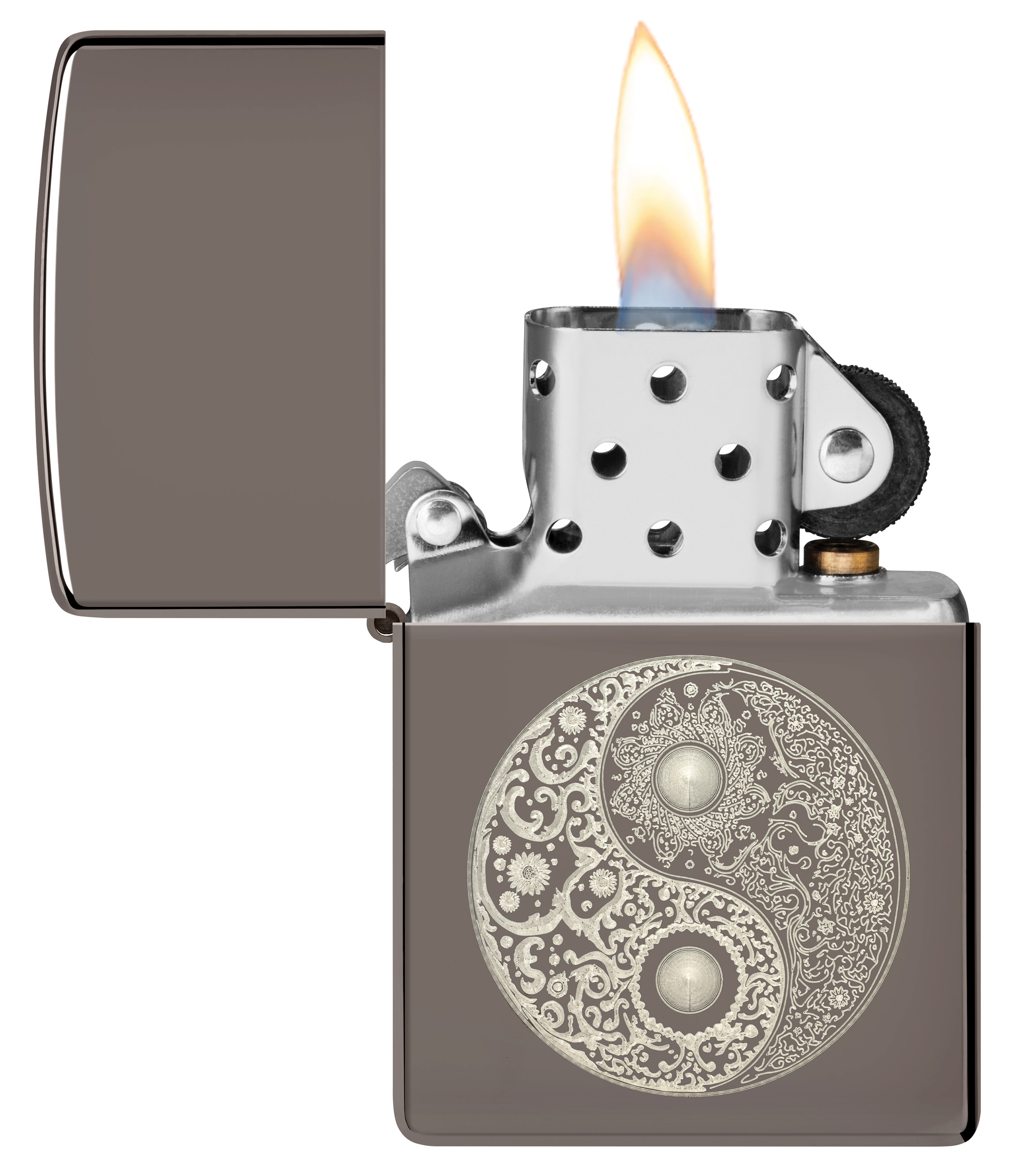 Front shot of Zippo Bejeweled Beetle Design High Polish Brass Windproof Lighter standing at a 3/4 angle.