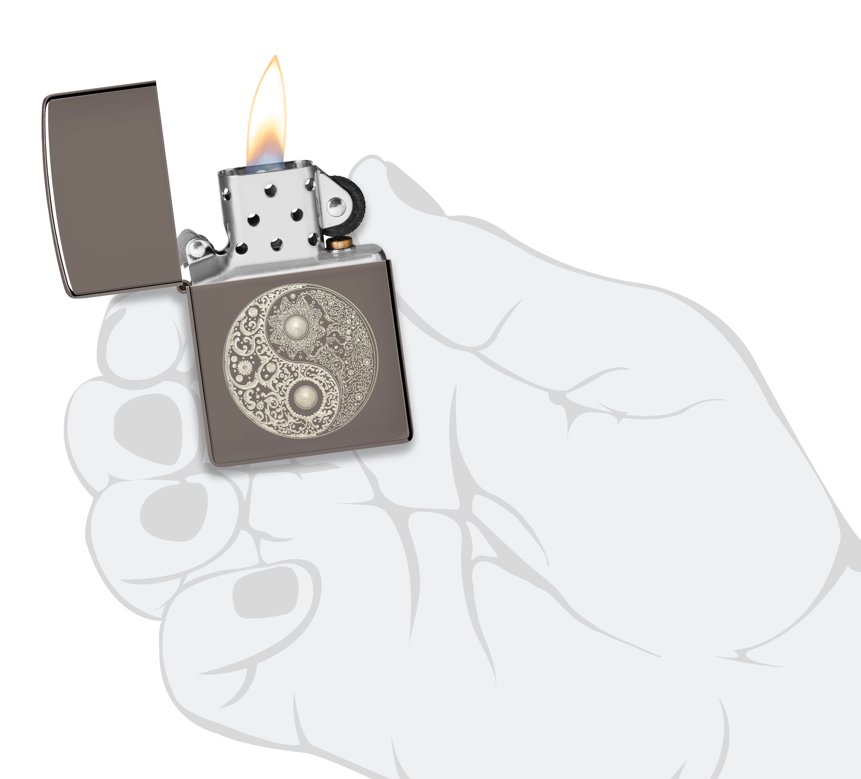 Front shot of Zippo Bejeweled Beetle Design High Polish Brass Windproof Lighter standing at a 3/4 angle.