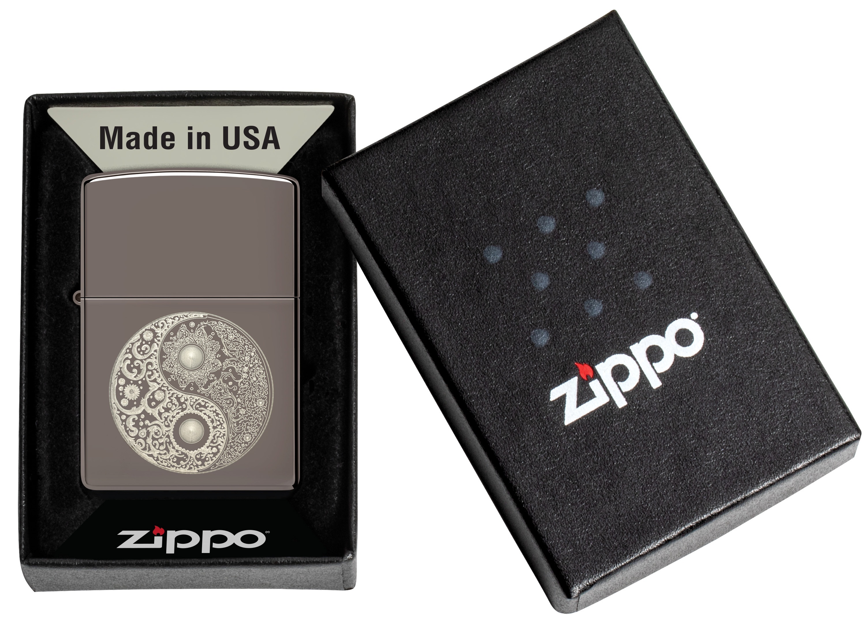 Front shot of Zippo Bejeweled Beetle Design High Polish Brass Windproof Lighter standing at a 3/4 angle.