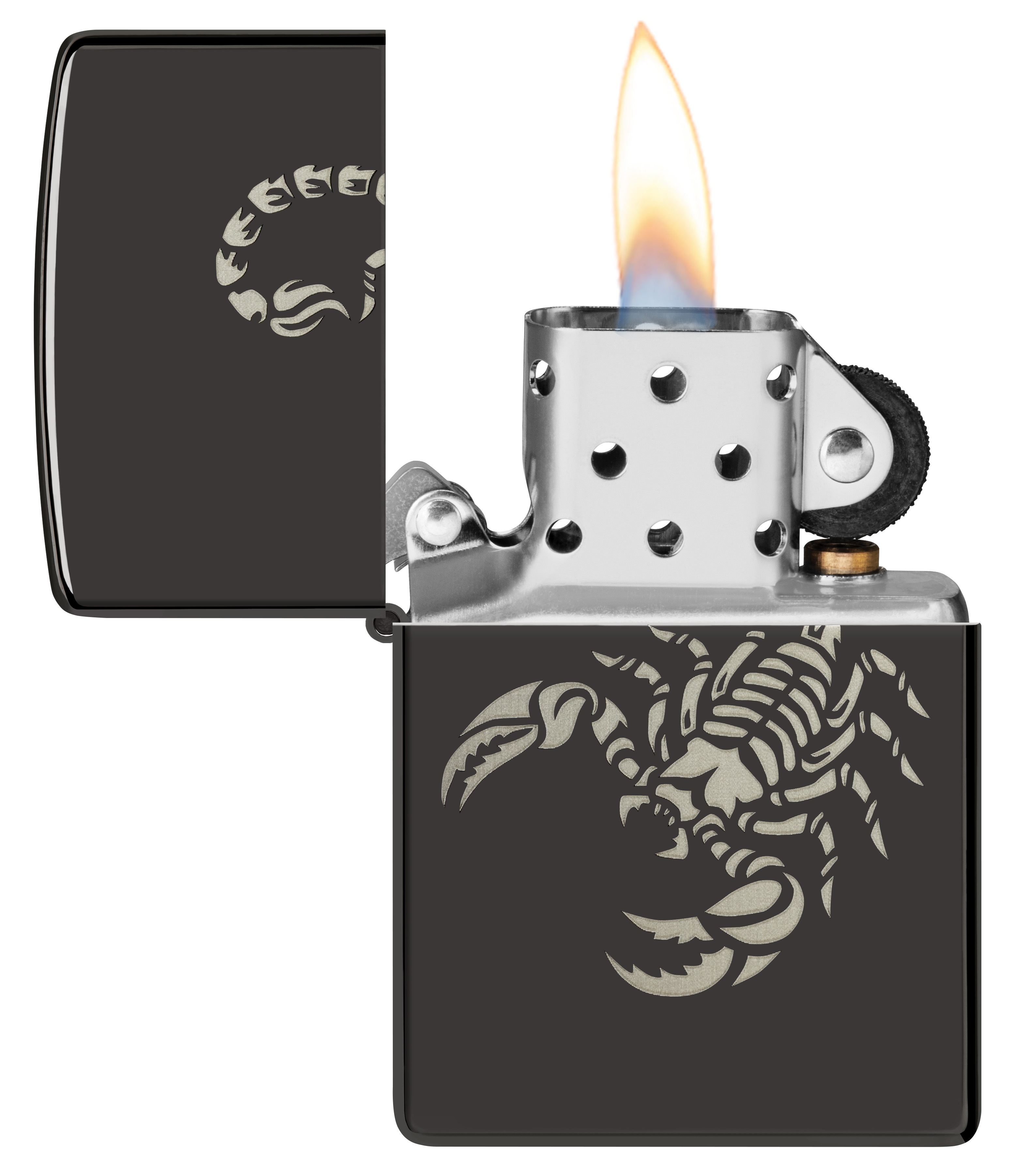 Front shot of Zippo Bejeweled Beetle Design High Polish Brass Windproof Lighter standing at a 3/4 angle.