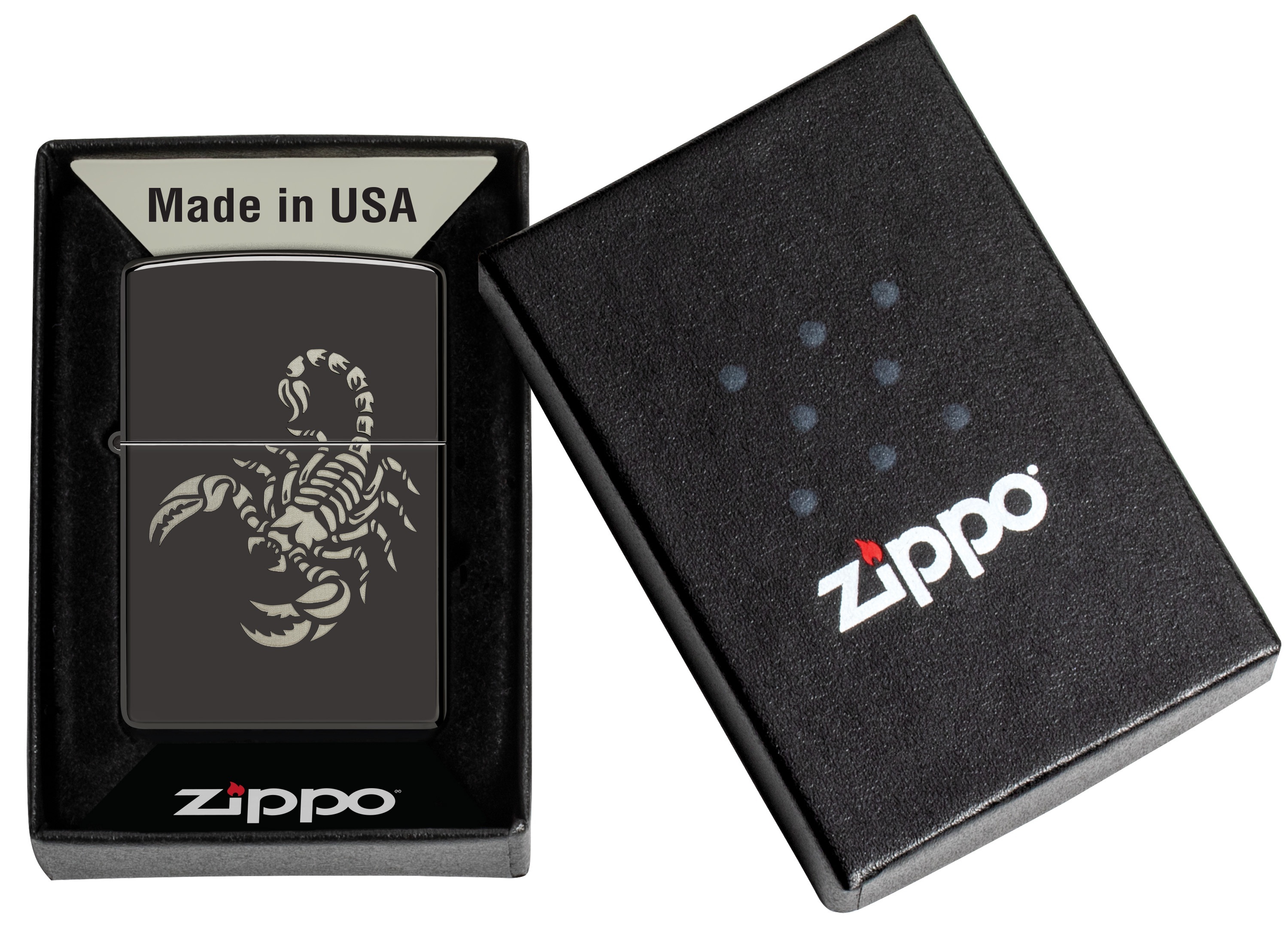 Front shot of Zippo Bejeweled Beetle Design High Polish Brass Windproof Lighter standing at a 3/4 angle.
