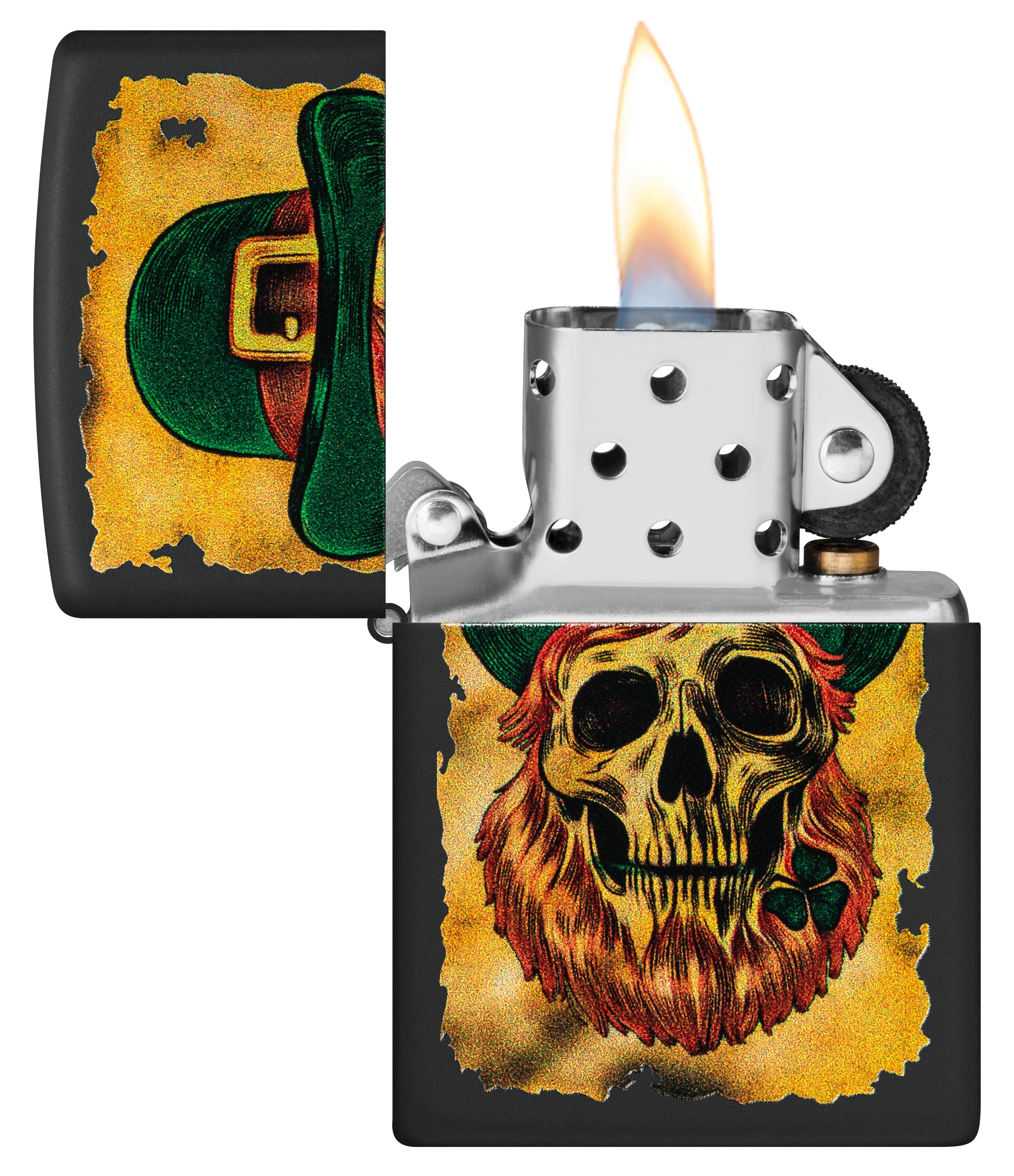 Front shot of Zippo Bejeweled Beetle Design High Polish Brass Windproof Lighter standing at a 3/4 angle.