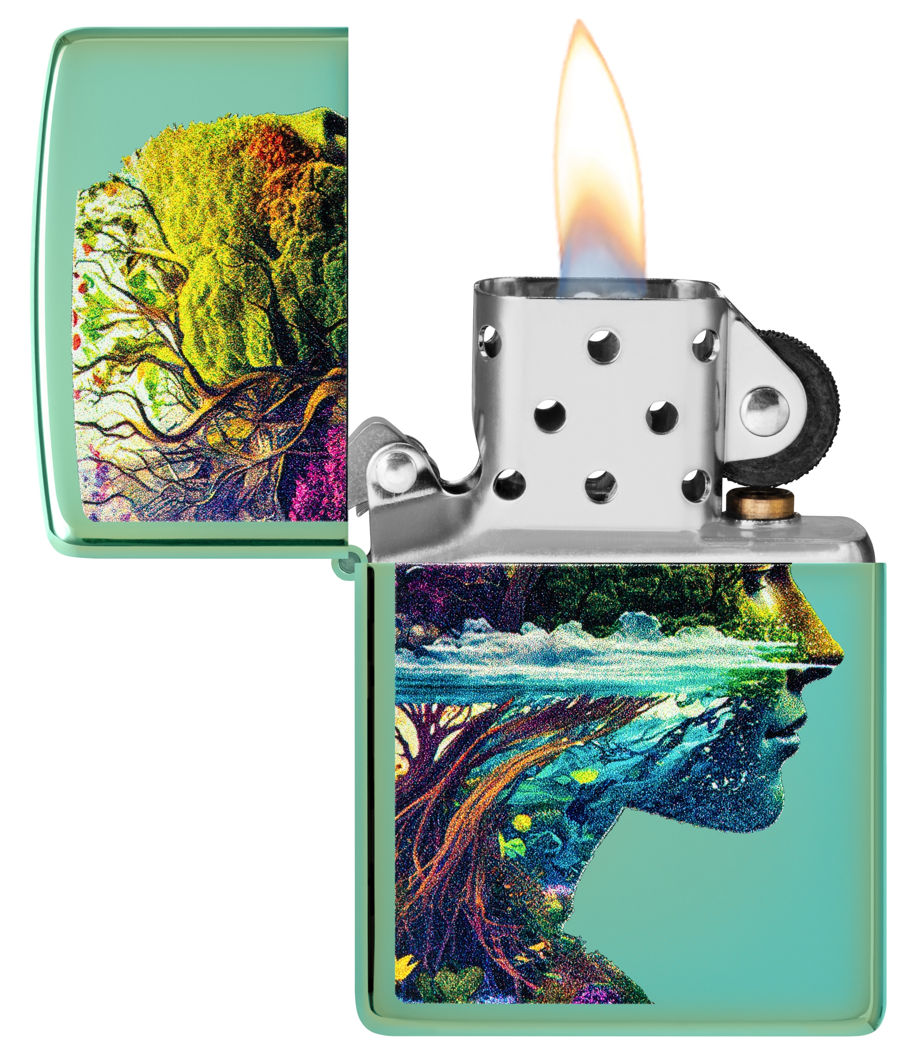 Front shot of Zippo Bejeweled Beetle Design High Polish Brass Windproof Lighter standing at a 3/4 angle.