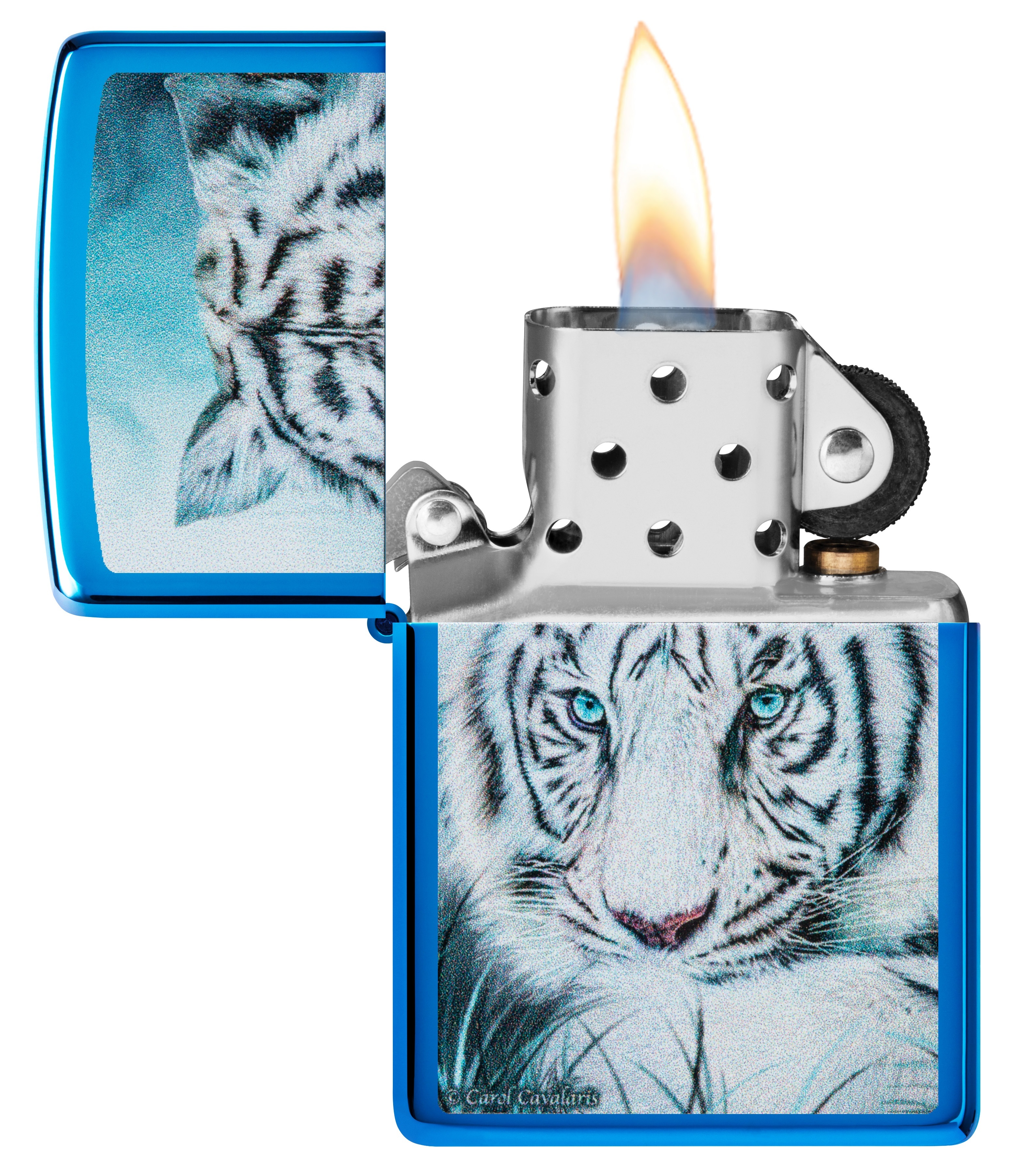 Front shot of Zippo Bejeweled Beetle Design High Polish Brass Windproof Lighter standing at a 3/4 angle.