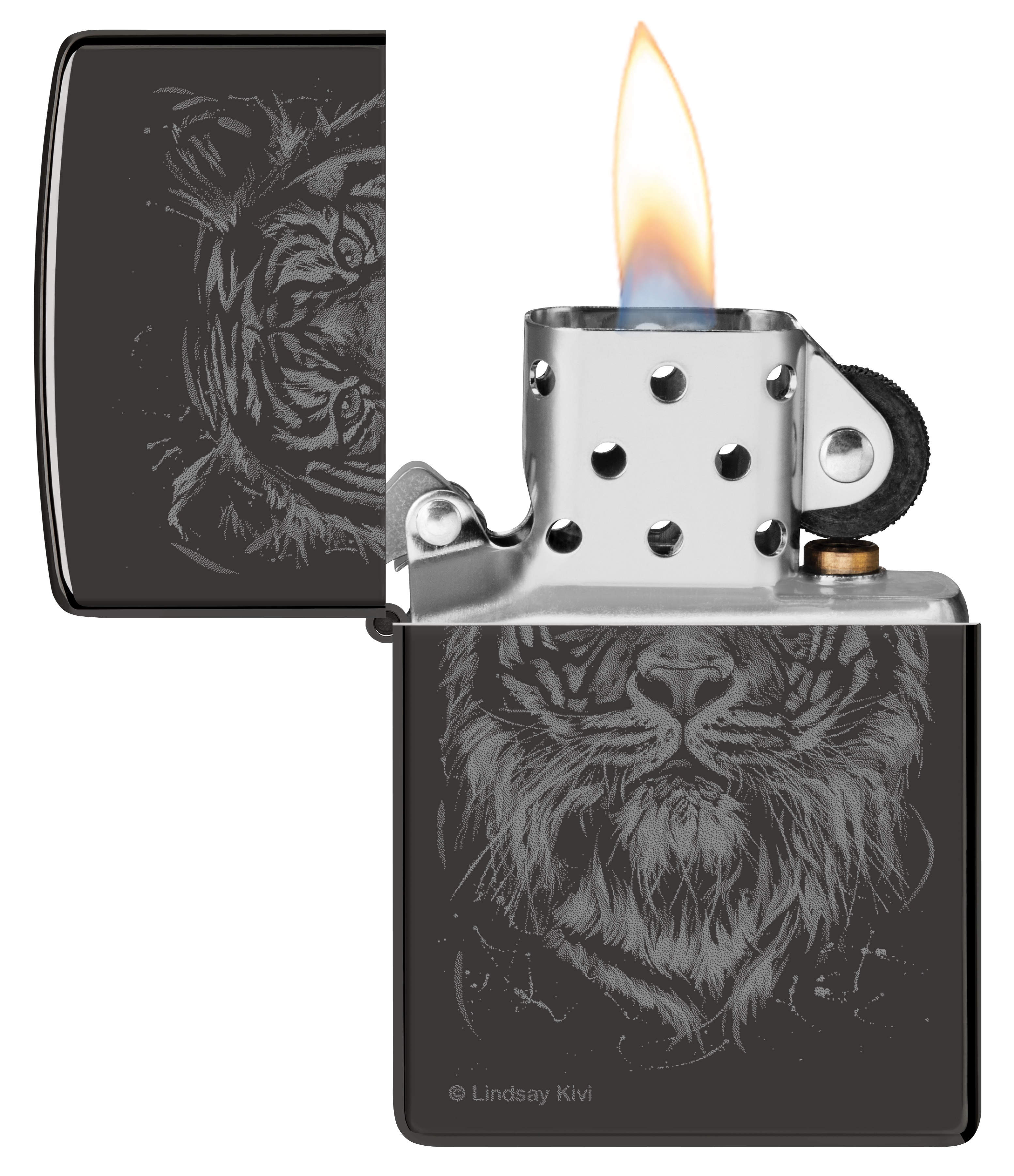 Front shot of Zippo Bejeweled Beetle Design High Polish Brass Windproof Lighter standing at a 3/4 angle.