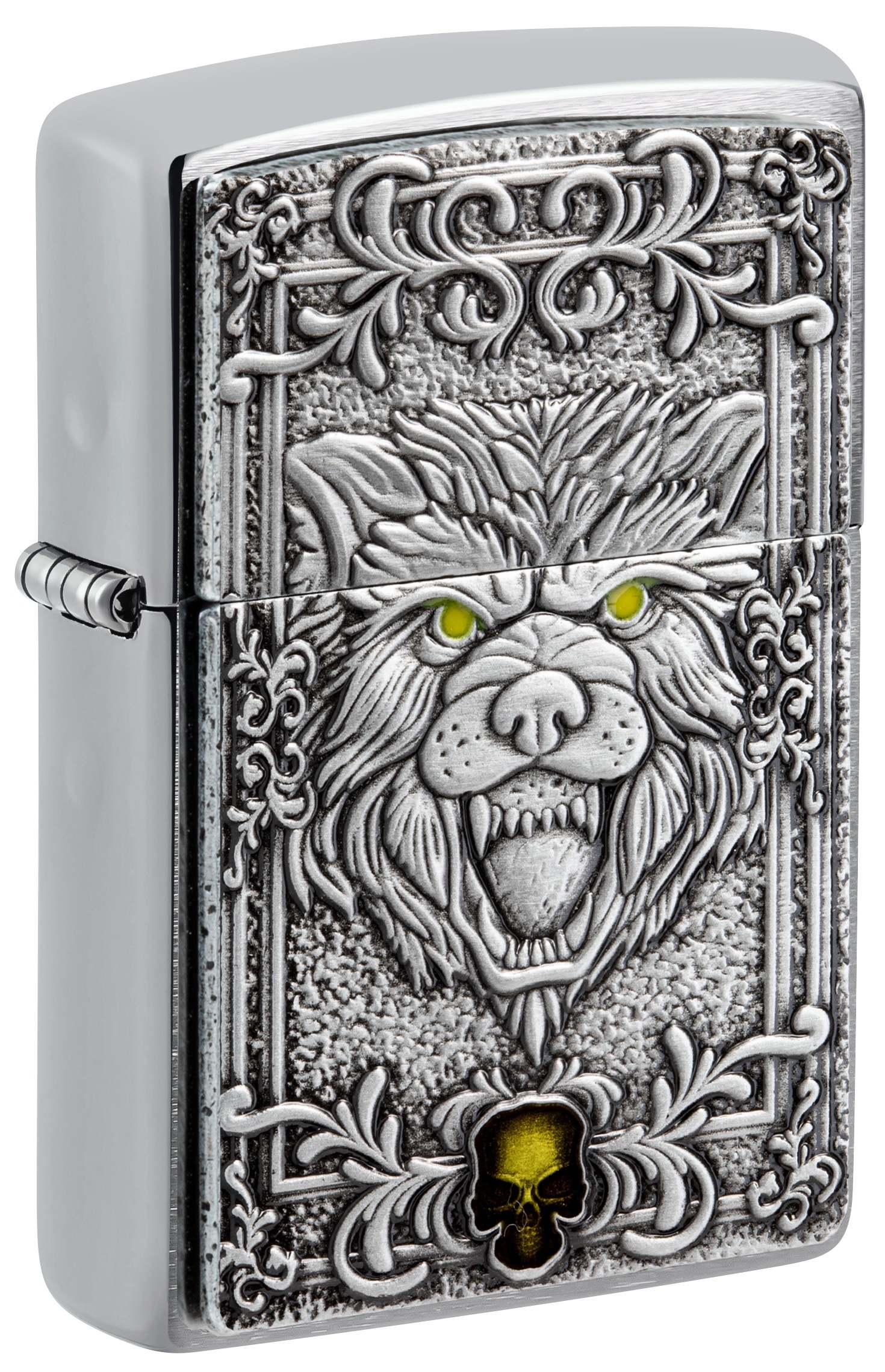 Front shot of Zippo Bejeweled Beetle Design High Polish Brass Windproof Lighter standing at a 3/4 angle.