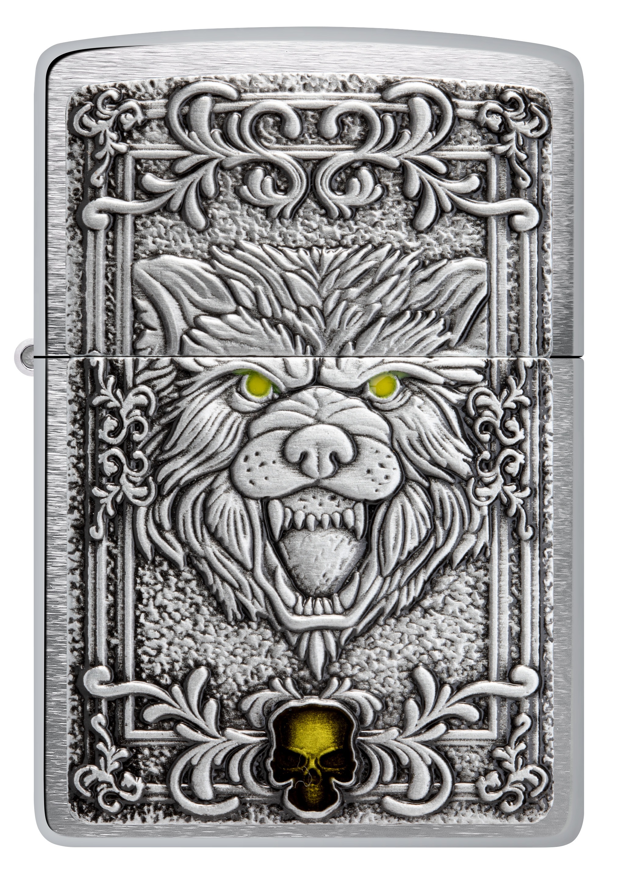 Front shot of Zippo Bejeweled Beetle Design High Polish Brass Windproof Lighter standing at a 3/4 angle.