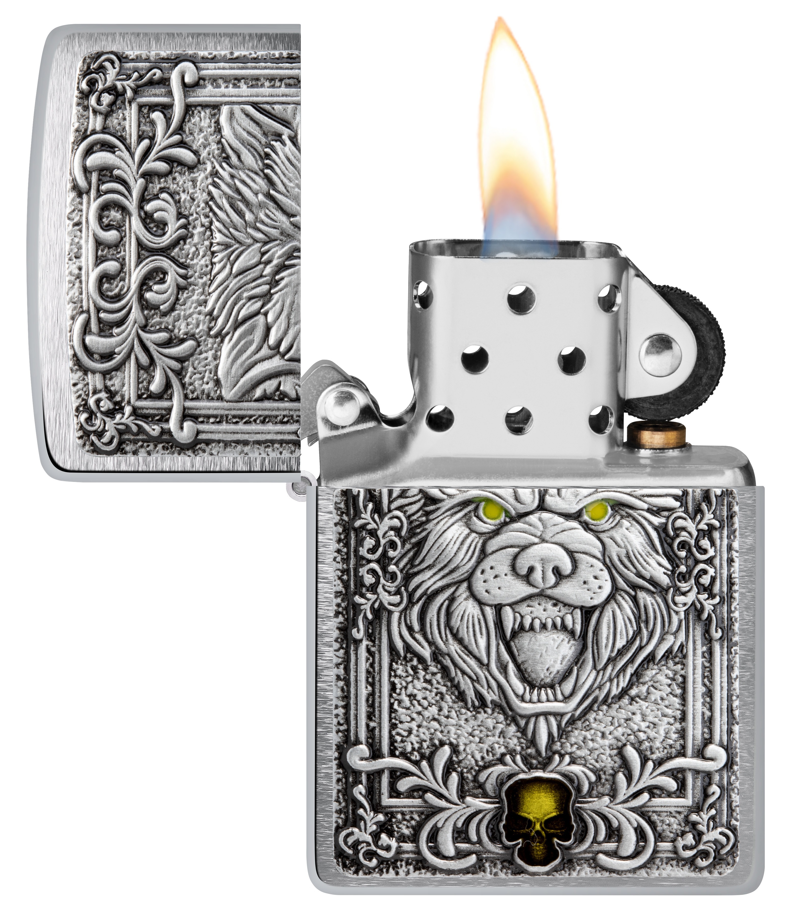 Front shot of Zippo Bejeweled Beetle Design High Polish Brass Windproof Lighter standing at a 3/4 angle.