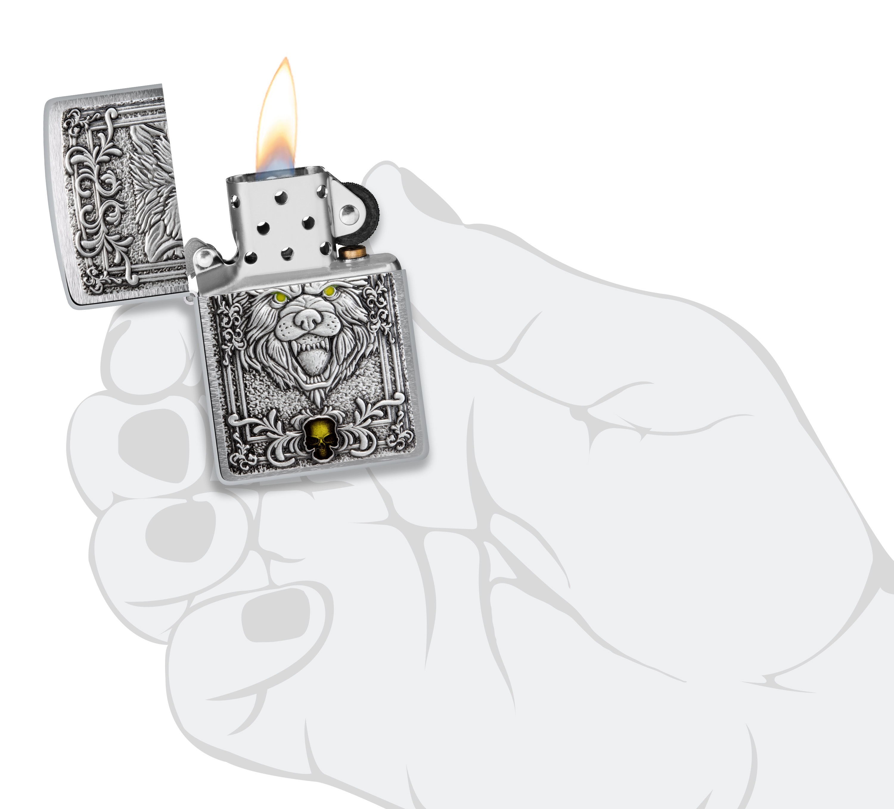 Front shot of Zippo Bejeweled Beetle Design High Polish Brass Windproof Lighter standing at a 3/4 angle.