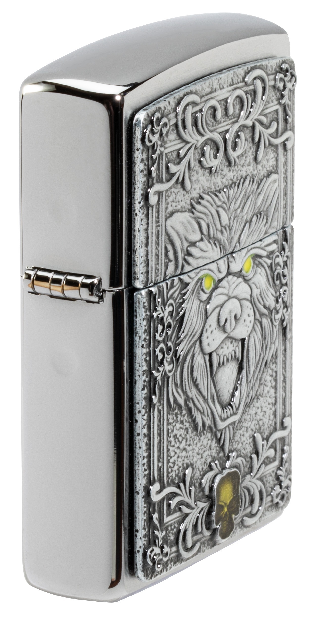 Front shot of Zippo Bejeweled Beetle Design High Polish Brass Windproof Lighter standing at a 3/4 angle.