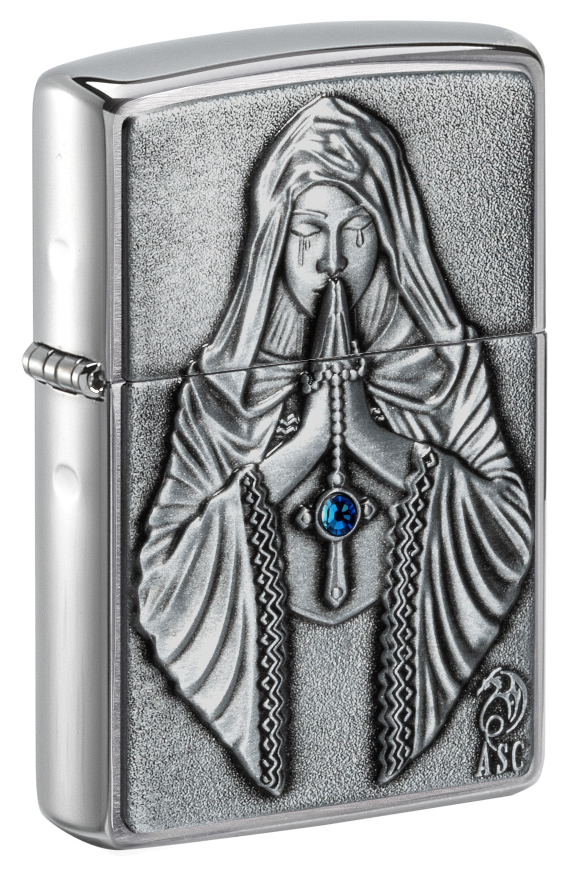 Front shot of Zippo Bejeweled Beetle Design High Polish Brass Windproof Lighter standing at a 3/4 angle.