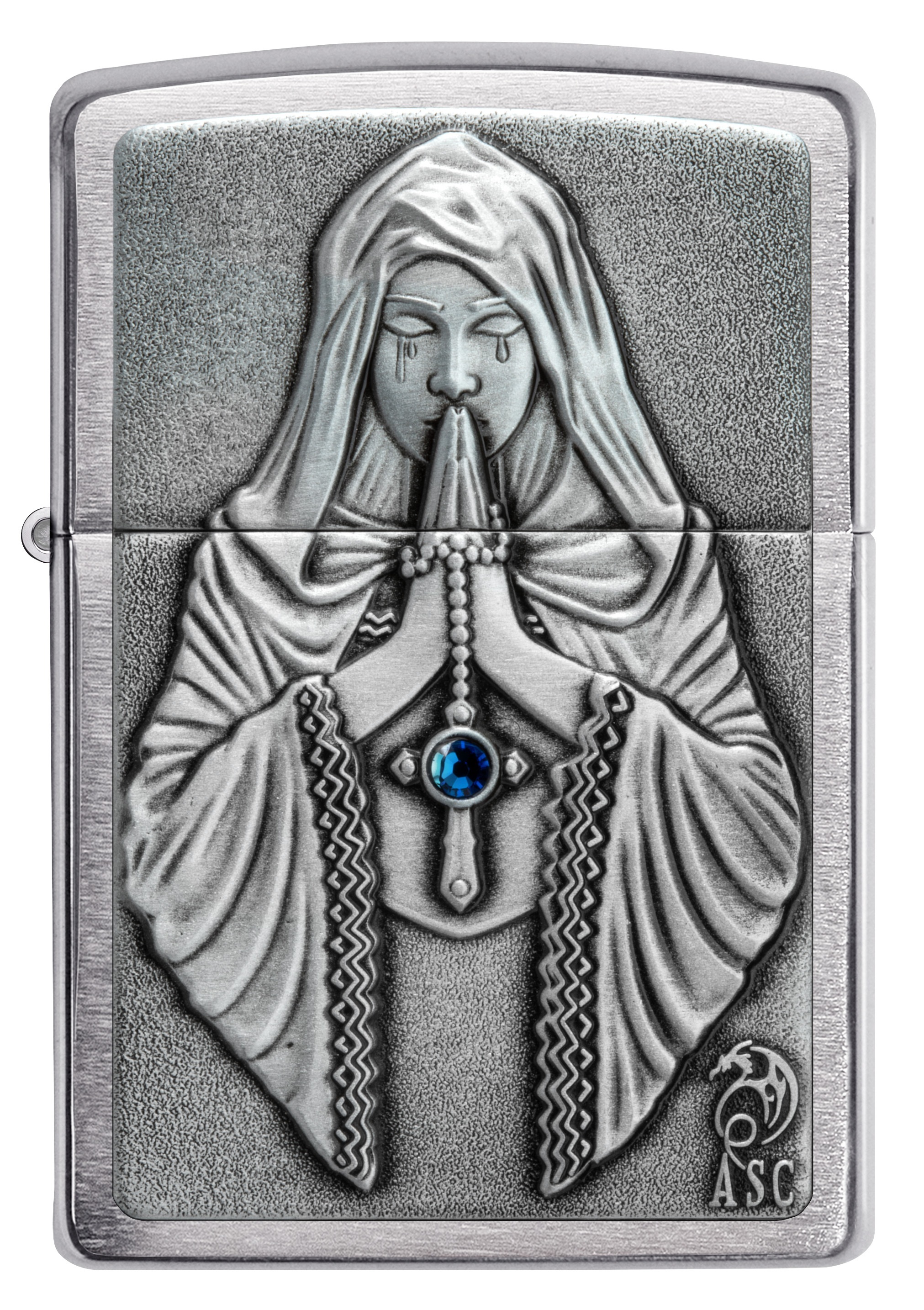 Front shot of Zippo Bejeweled Beetle Design High Polish Brass Windproof Lighter standing at a 3/4 angle.