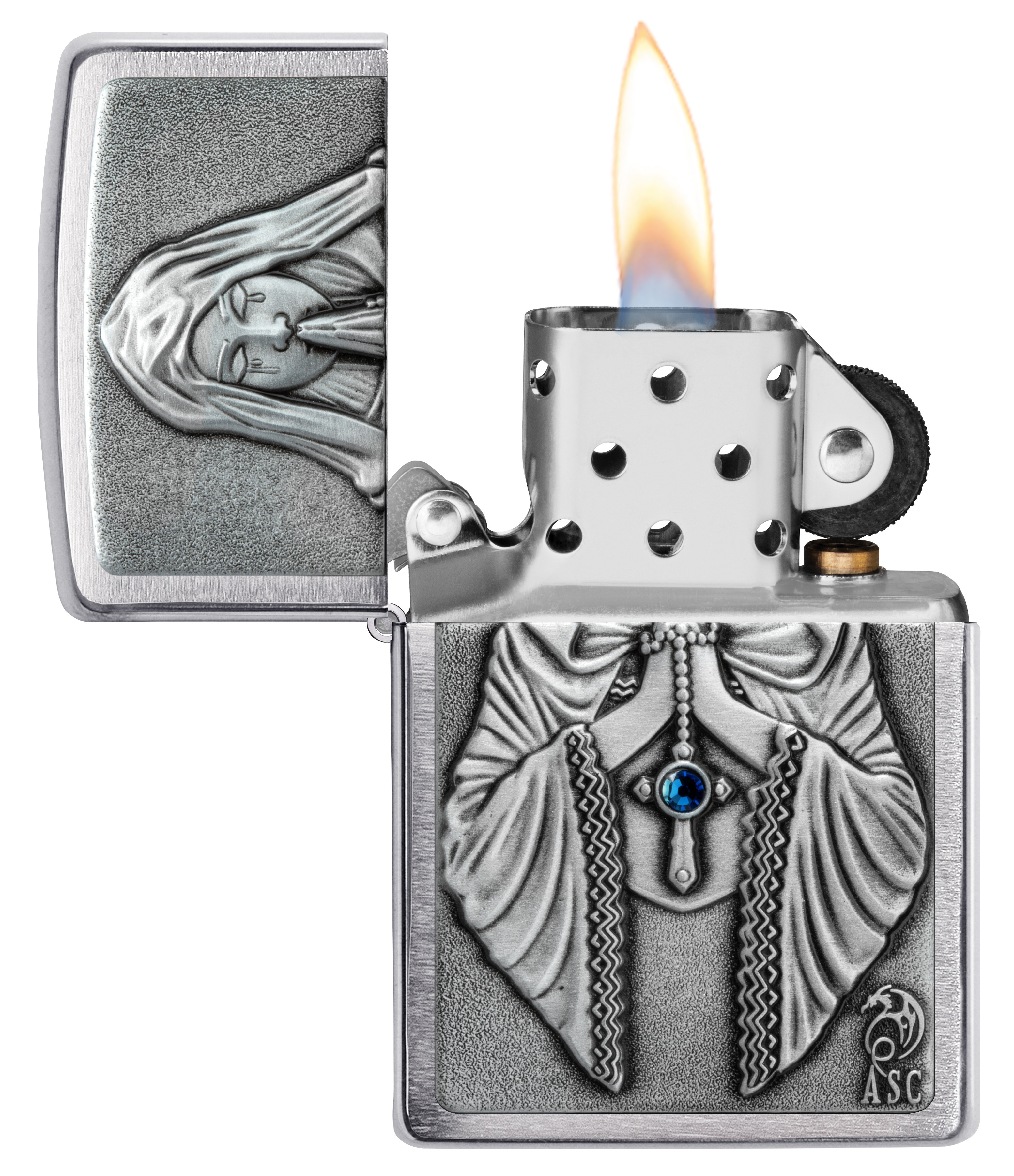 Front shot of Zippo Bejeweled Beetle Design High Polish Brass Windproof Lighter standing at a 3/4 angle.