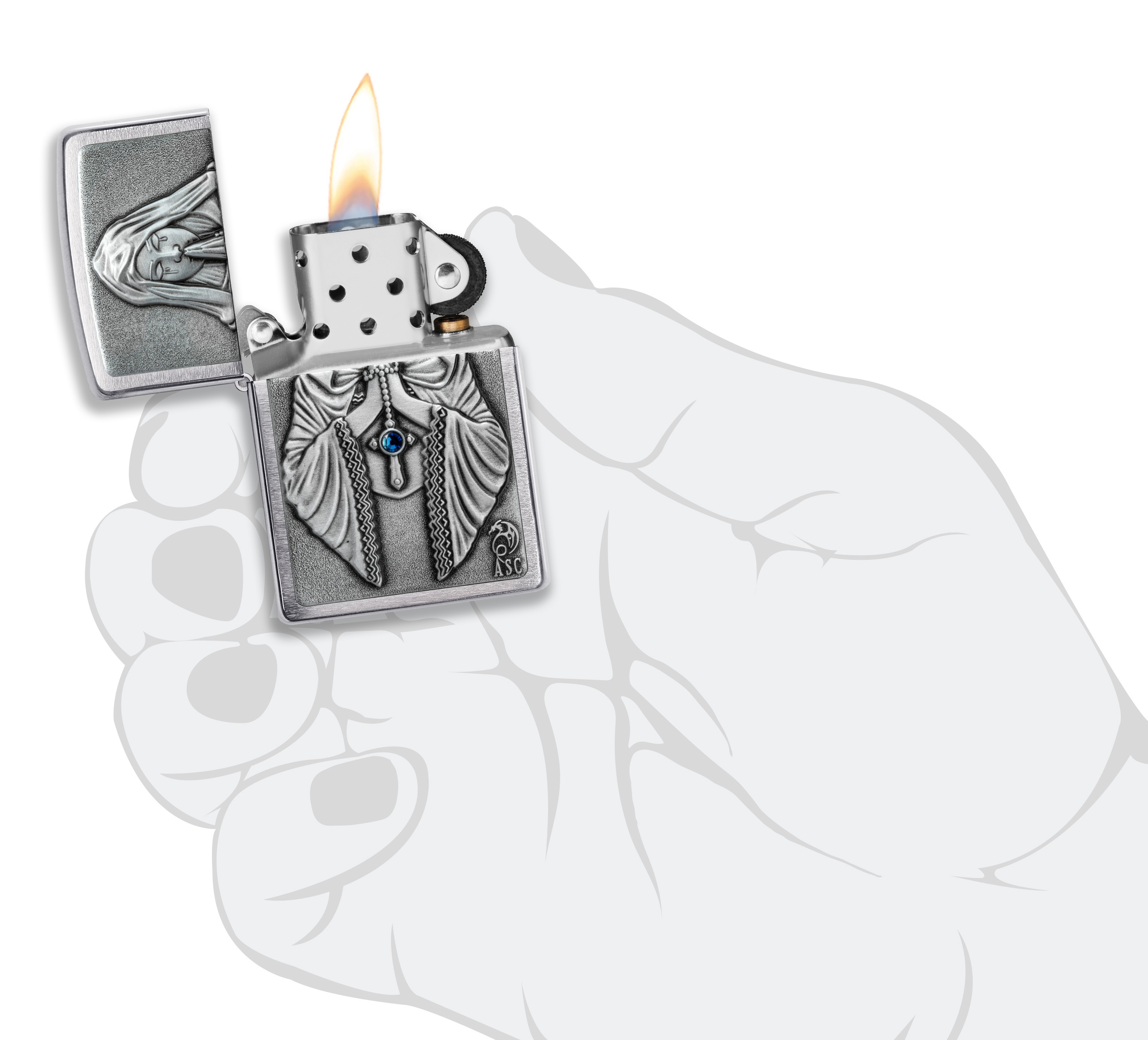 Front shot of Zippo Bejeweled Beetle Design High Polish Brass Windproof Lighter standing at a 3/4 angle.
