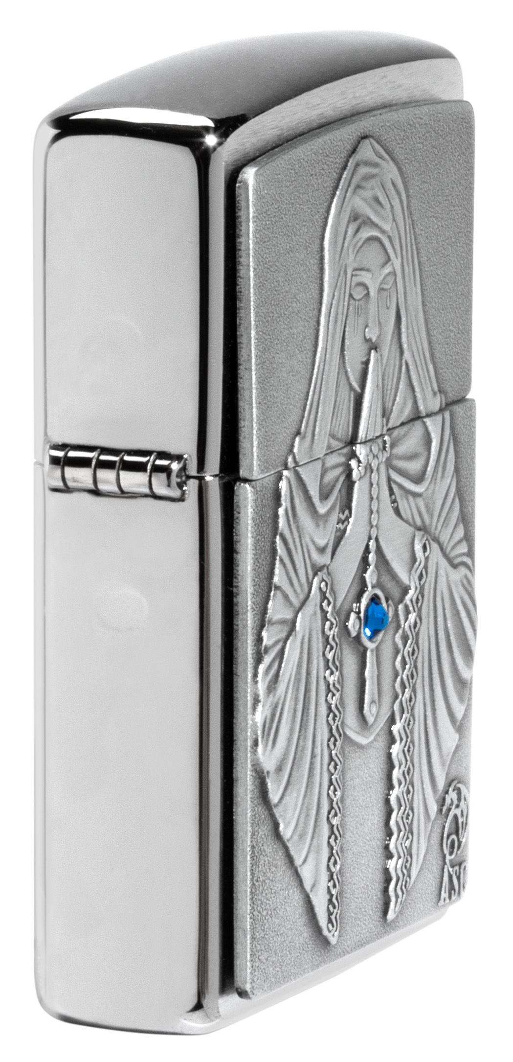 Front shot of Zippo Bejeweled Beetle Design High Polish Brass Windproof Lighter standing at a 3/4 angle.