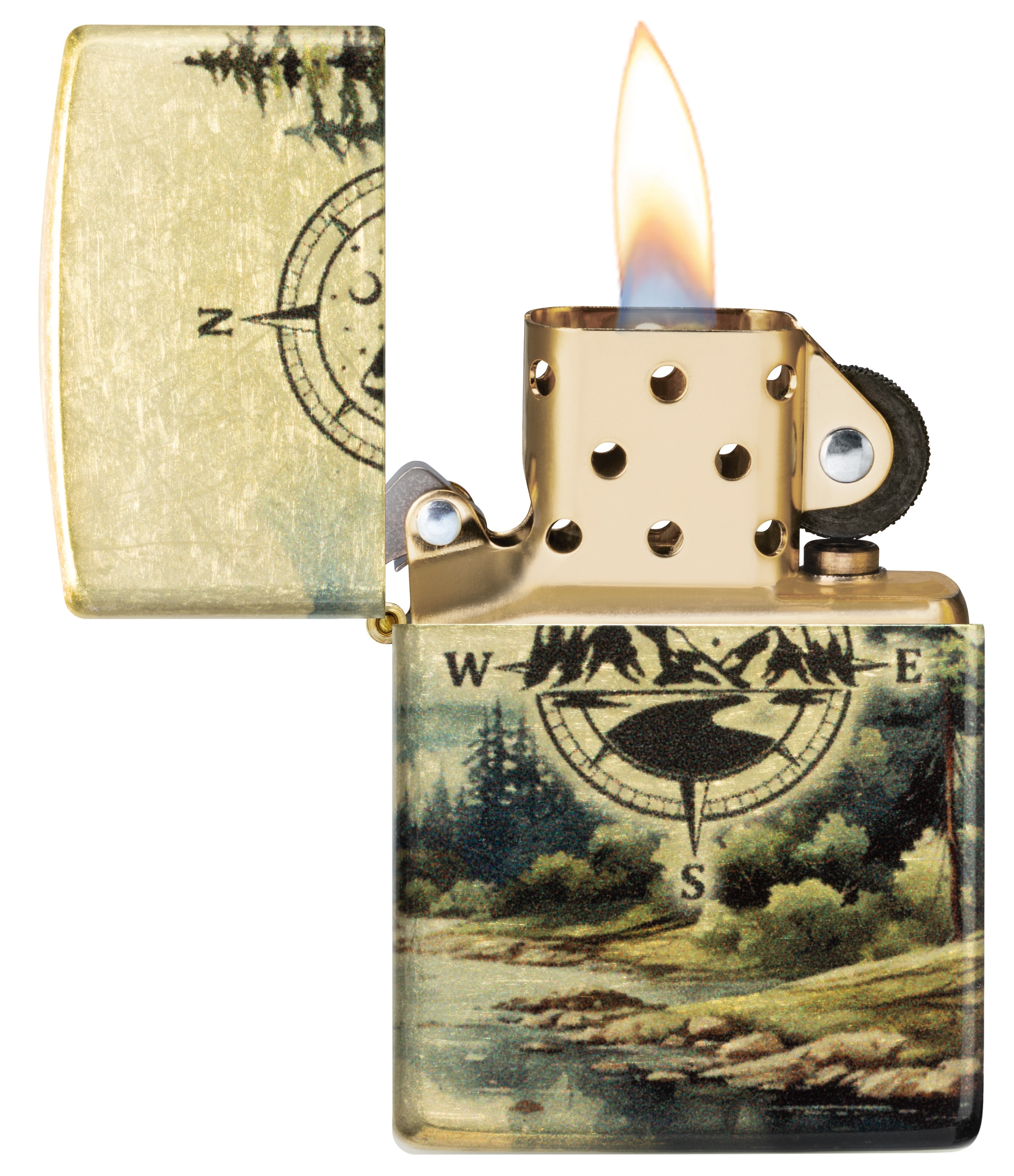 Front shot of Zippo Bejeweled Beetle Design High Polish Brass Windproof Lighter standing at a 3/4 angle.