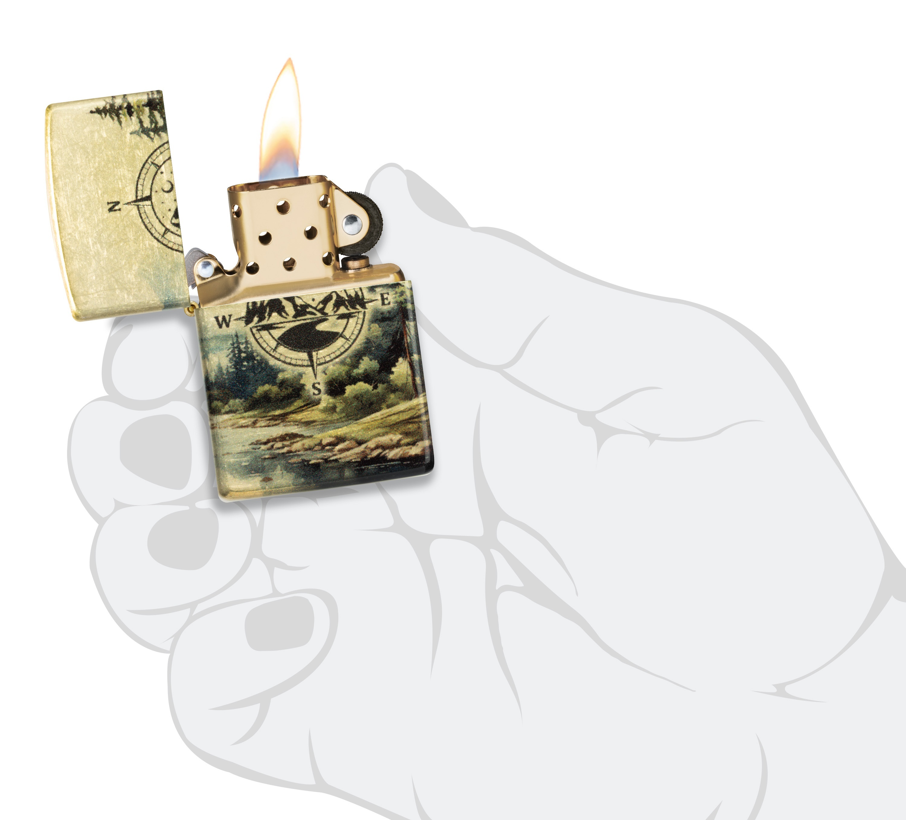 Front shot of Zippo Bejeweled Beetle Design High Polish Brass Windproof Lighter standing at a 3/4 angle.