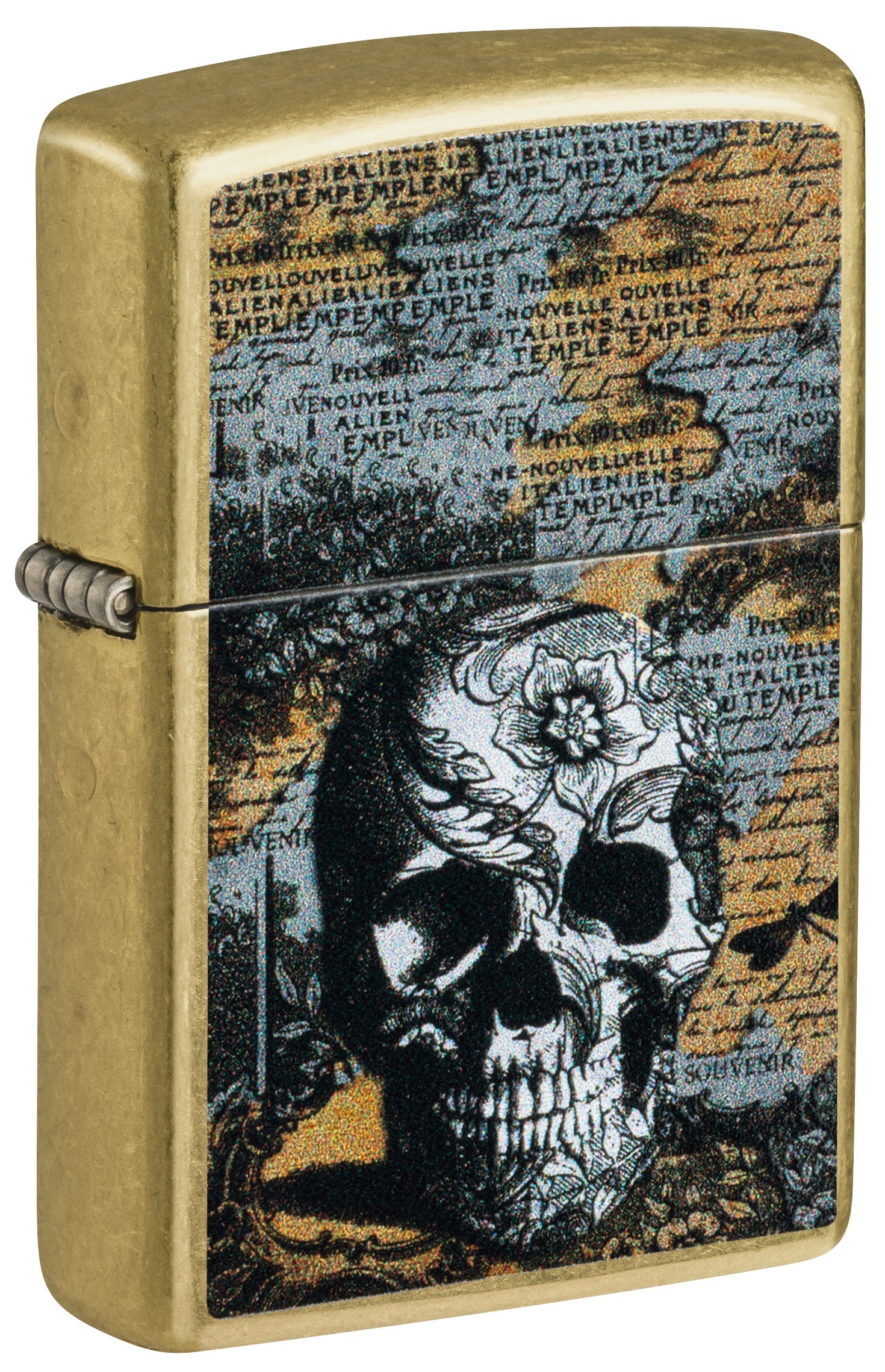 Front shot of Zippo Bejeweled Beetle Design High Polish Brass Windproof Lighter standing at a 3/4 angle.
