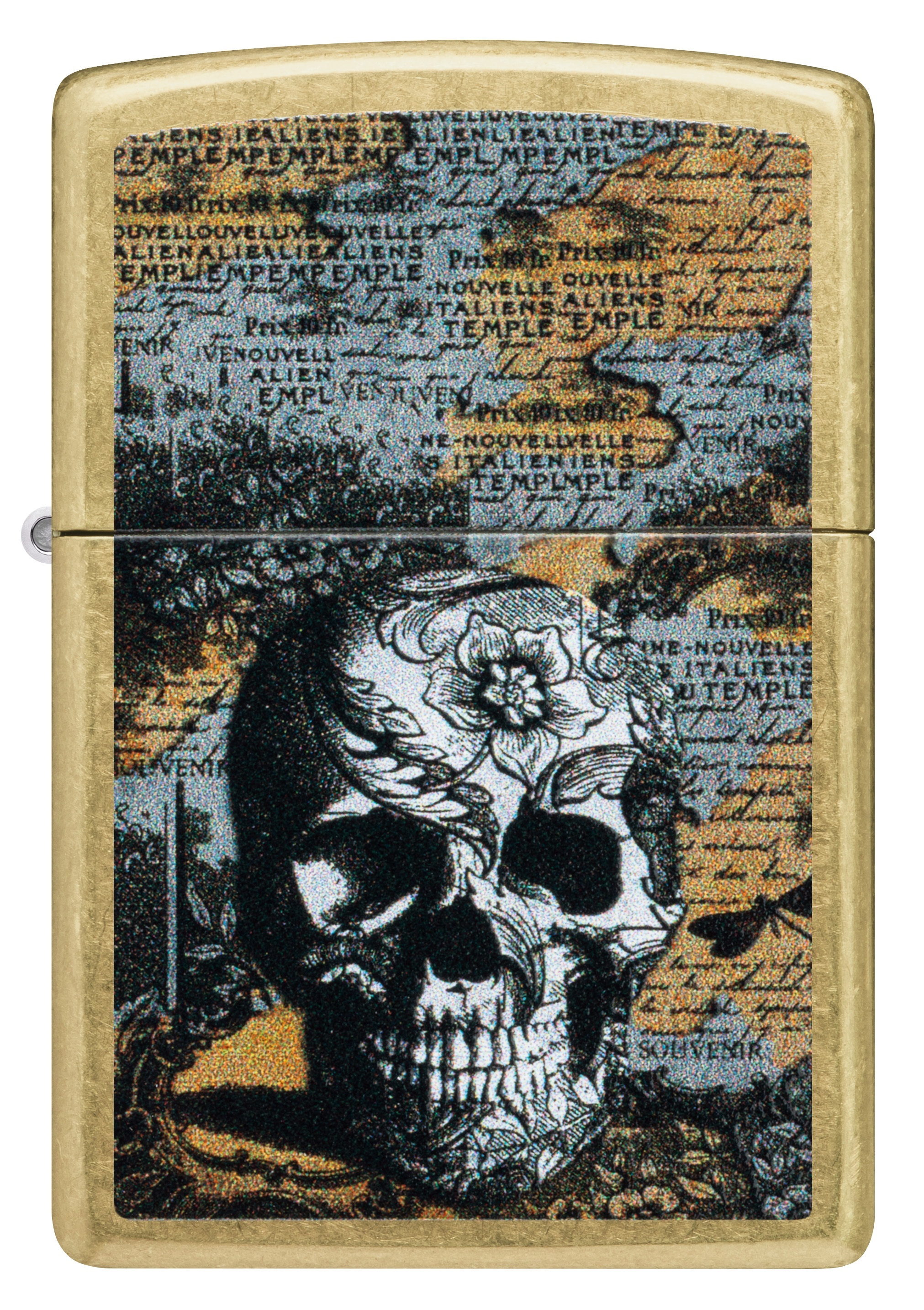 Front shot of Zippo Bejeweled Beetle Design High Polish Brass Windproof Lighter standing at a 3/4 angle.