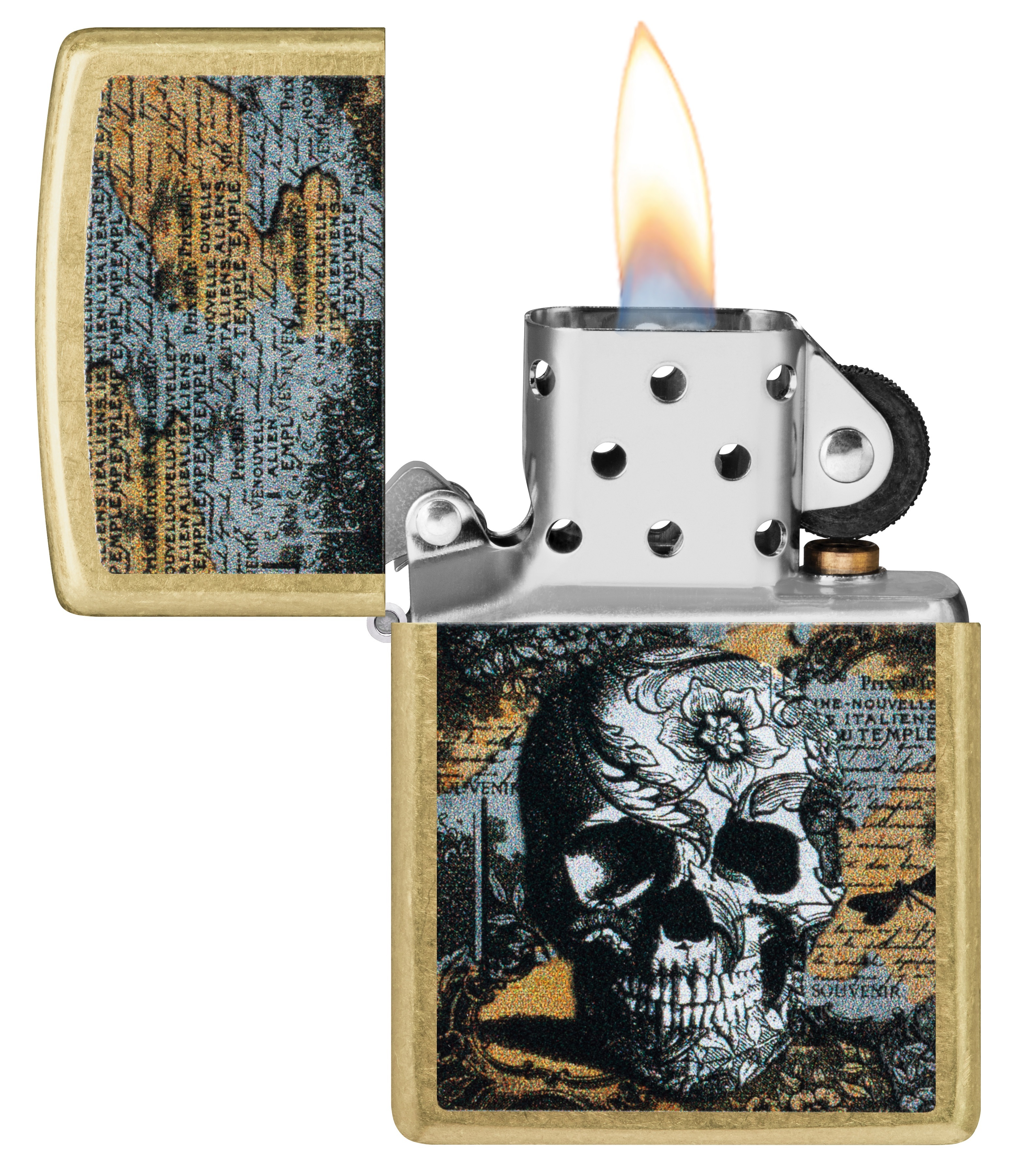 Front shot of Zippo Bejeweled Beetle Design High Polish Brass Windproof Lighter standing at a 3/4 angle.