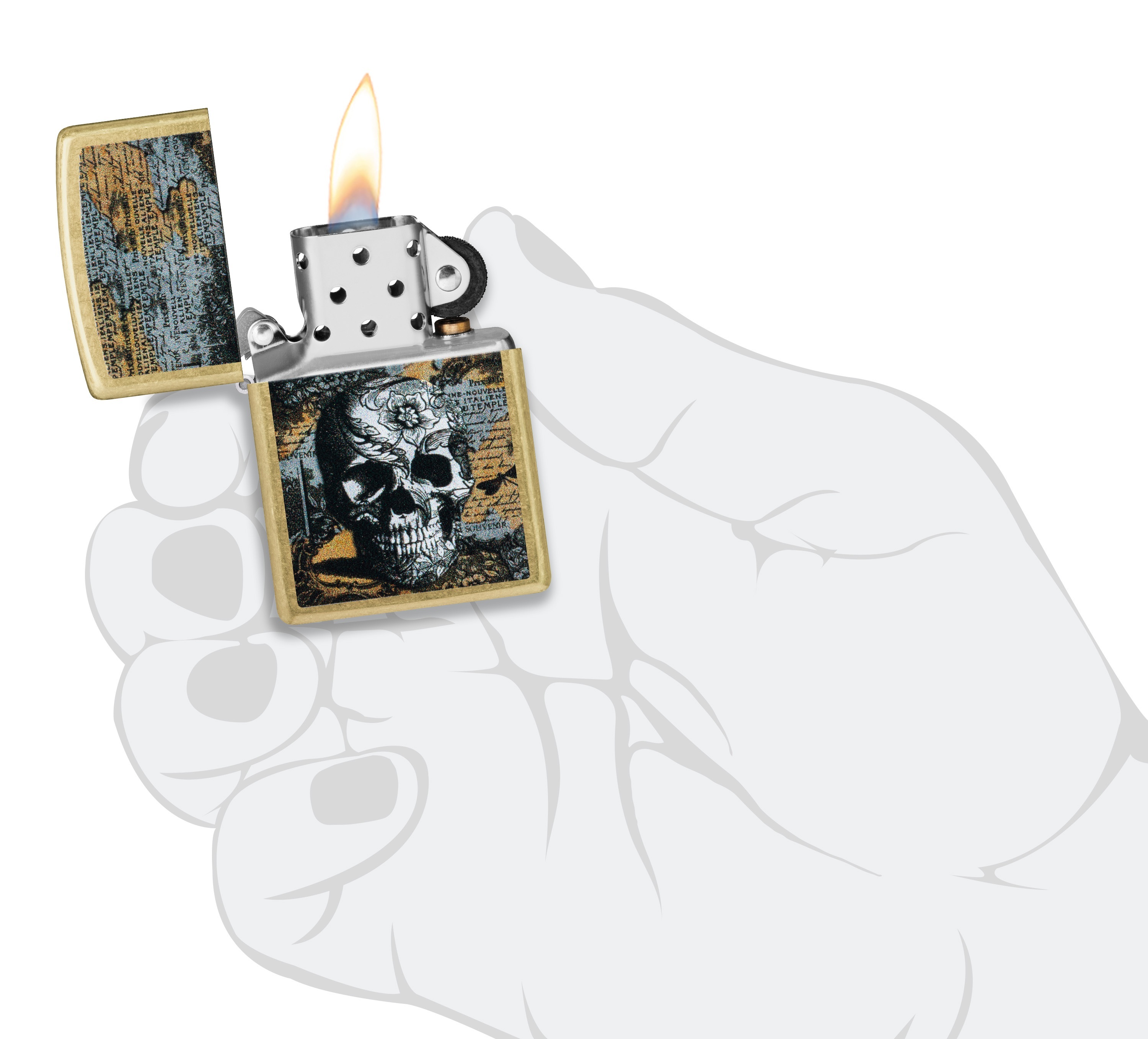 Front shot of Zippo Bejeweled Beetle Design High Polish Brass Windproof Lighter standing at a 3/4 angle.