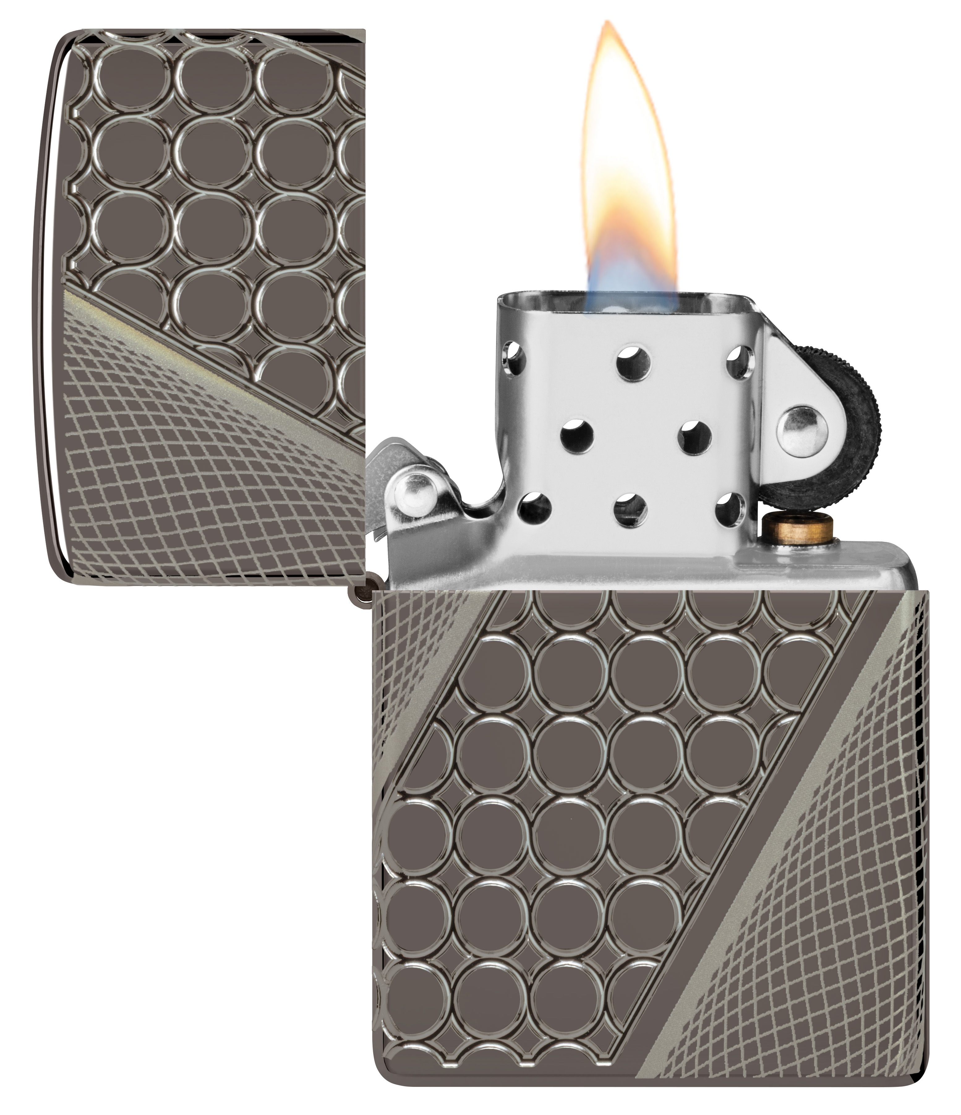 Front shot of Zippo Bejeweled Beetle Design High Polish Brass Windproof Lighter standing at a 3/4 angle.