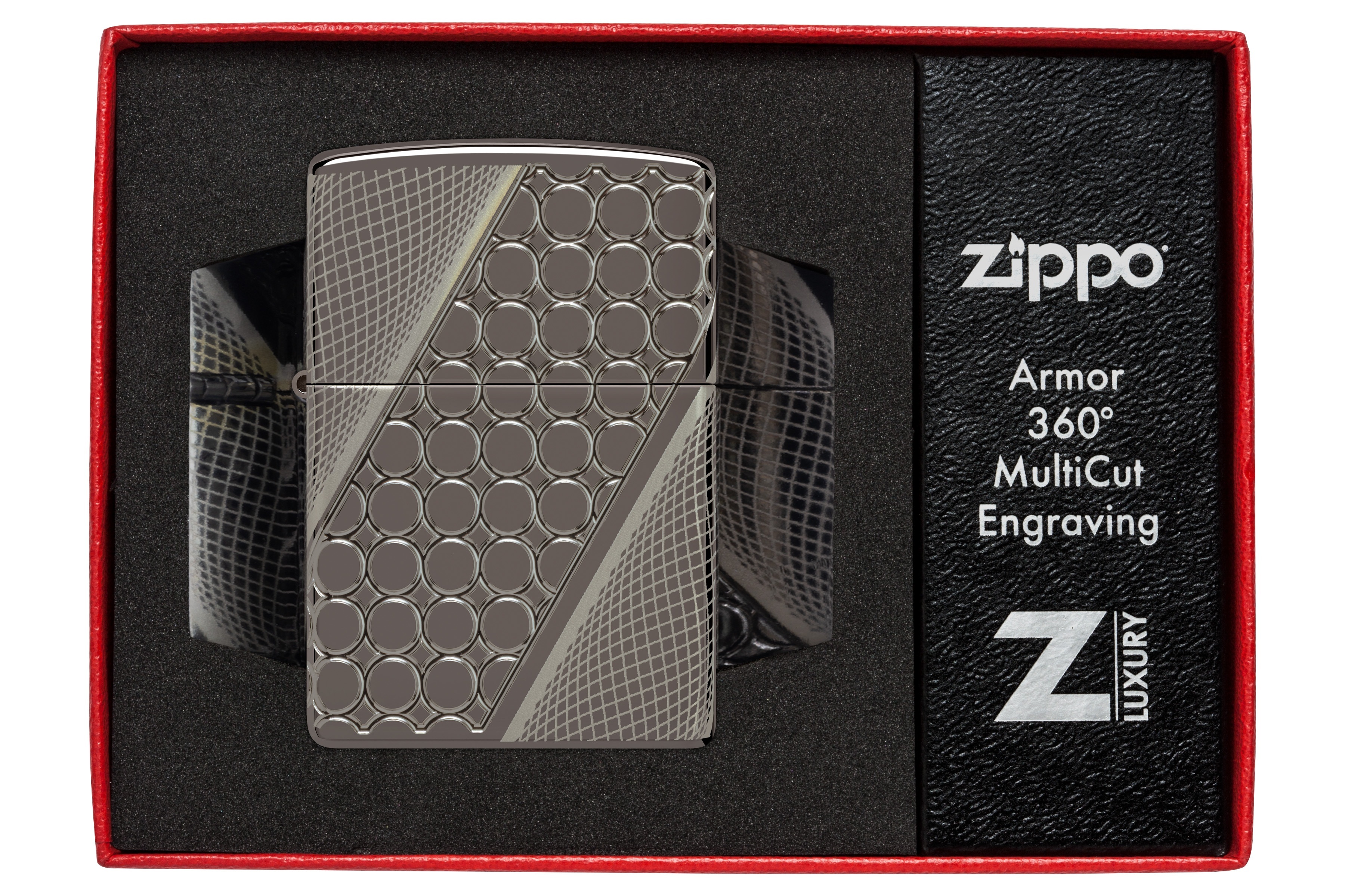 Front shot of Zippo Bejeweled Beetle Design High Polish Brass Windproof Lighter standing at a 3/4 angle.