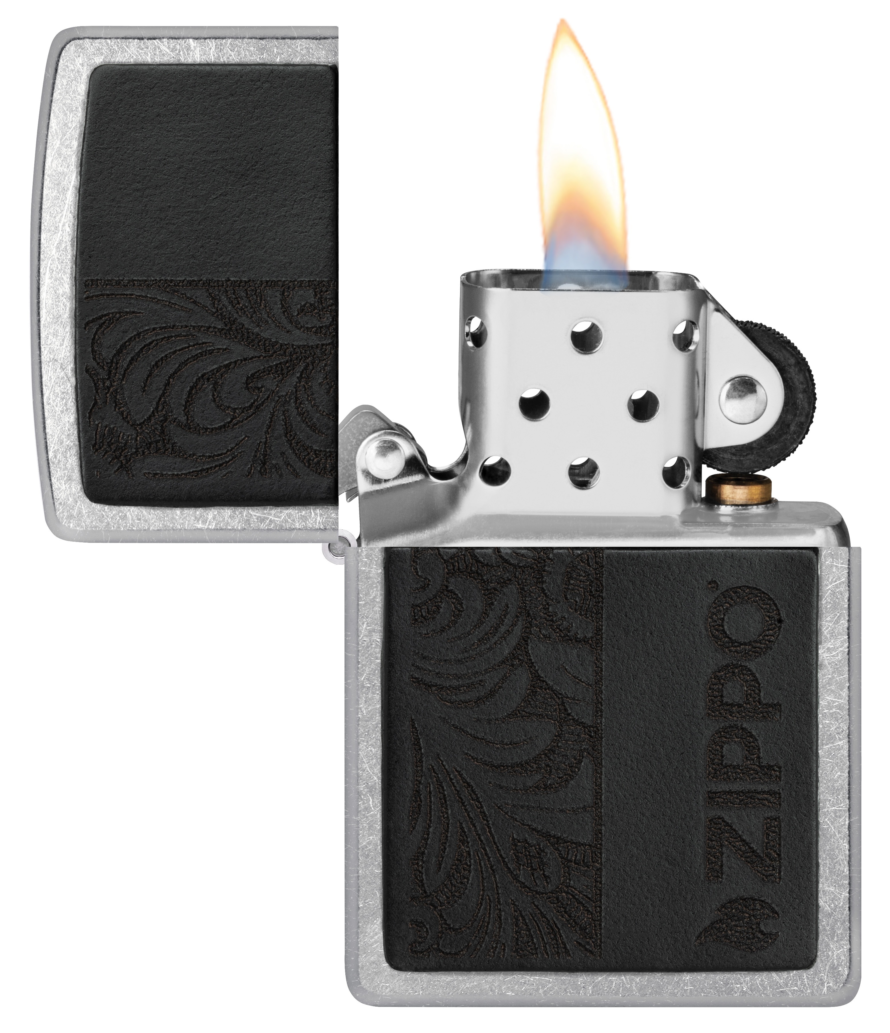 Front shot of Zippo Bejeweled Beetle Design High Polish Brass Windproof Lighter standing at a 3/4 angle.