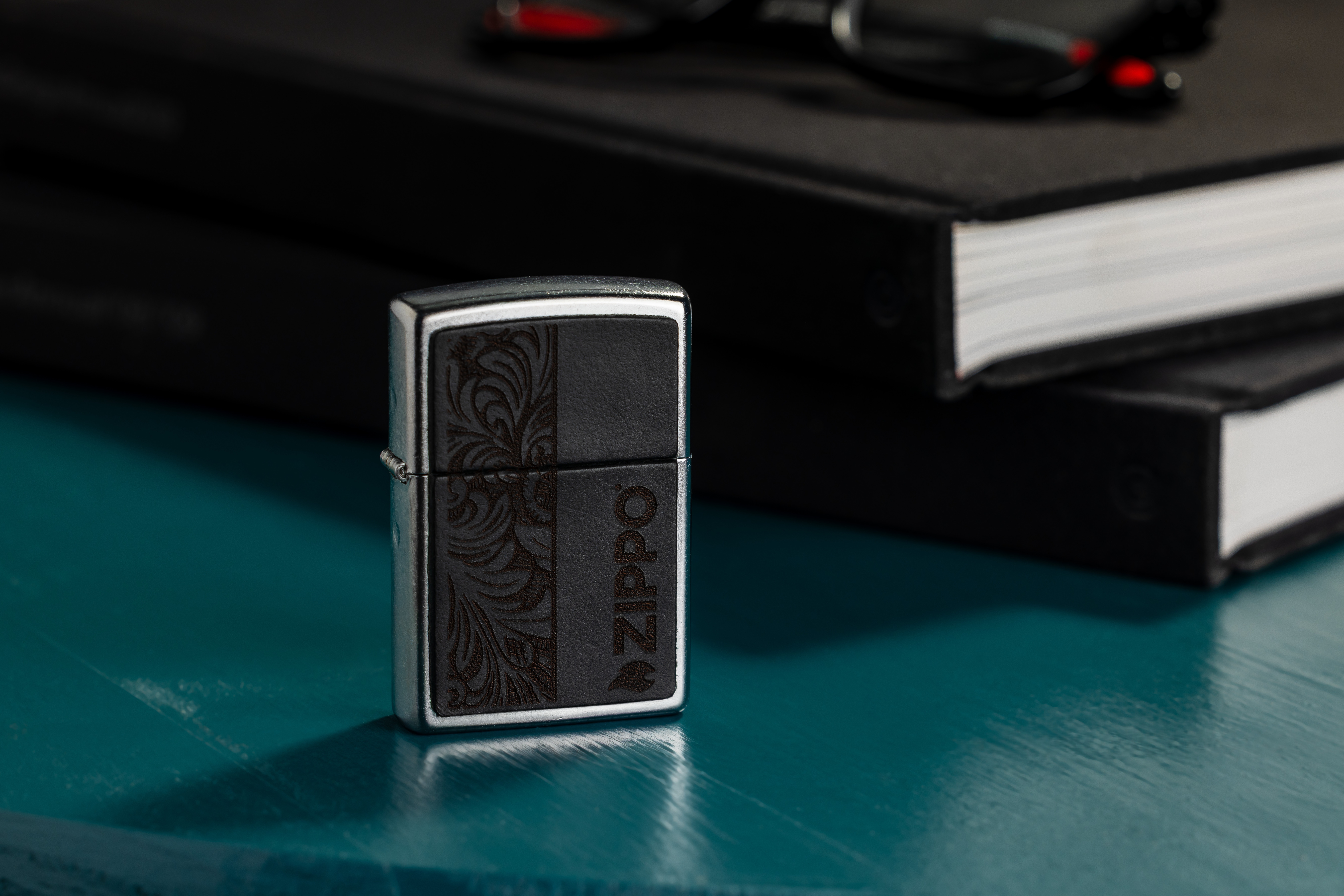 Front shot of Zippo Bejeweled Beetle Design High Polish Brass Windproof Lighter standing at a 3/4 angle.