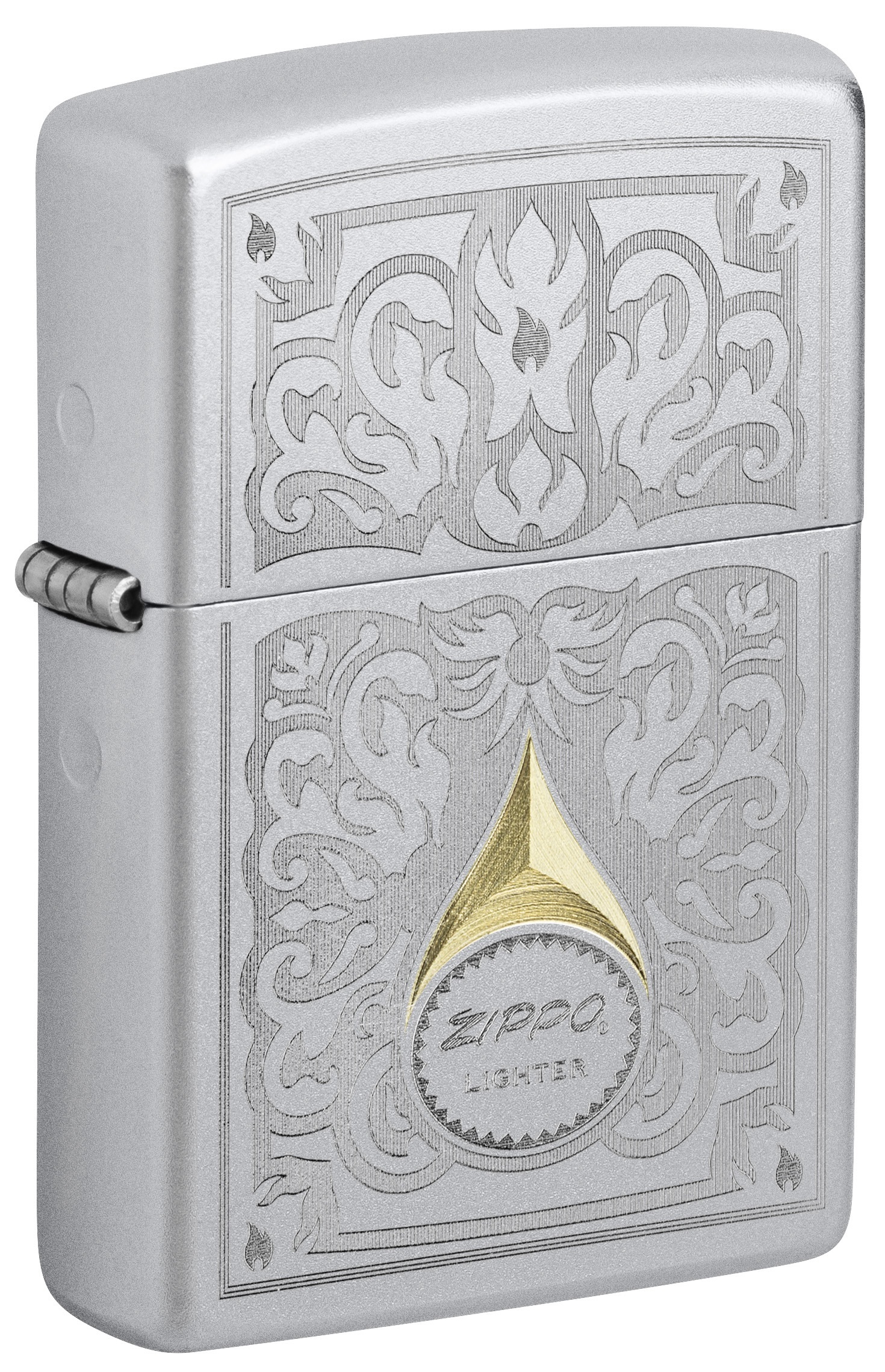 Front shot of Zippo Bejeweled Beetle Design High Polish Brass Windproof Lighter standing at a 3/4 angle.